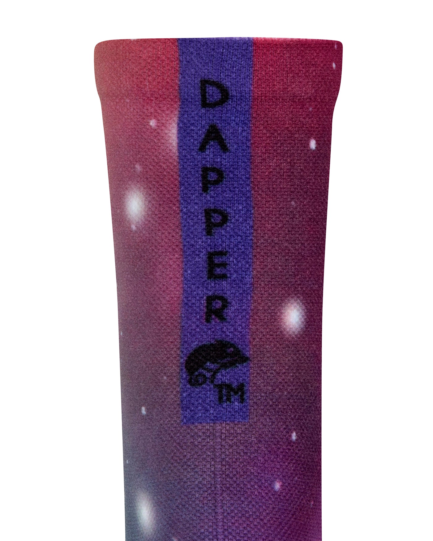 Back view of a purple seamless toe sock with galaxy print design with a purple strip with Dapper Chameleon wording and logo in black.