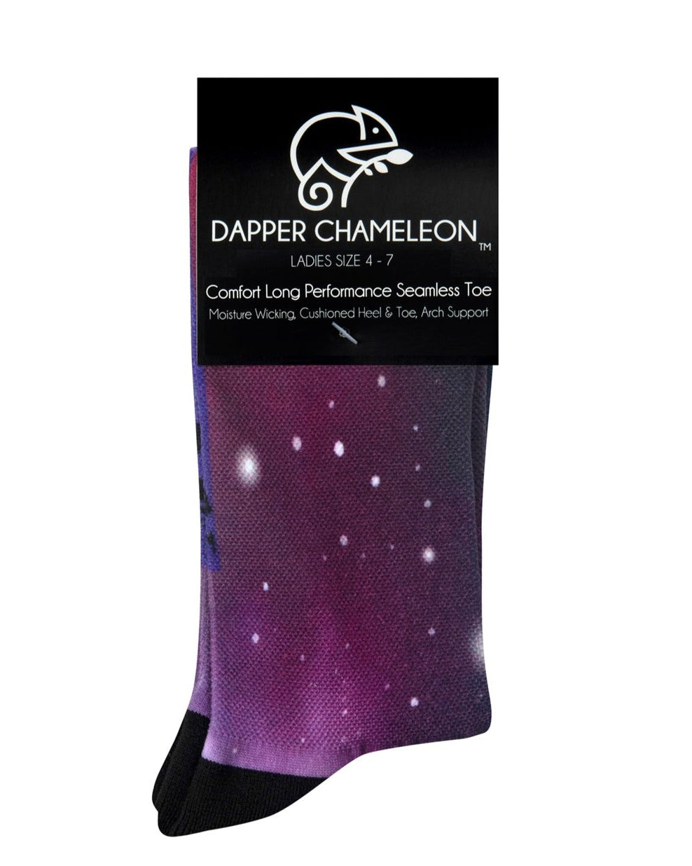 Header card packaging of a purple seamless toe sock with galaxy print design and black heel and toe.