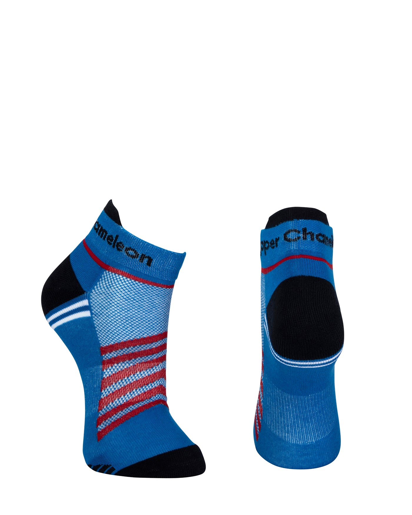 Blue seamless toe sport sock with red and white stripes with a dark blue cushioned heel and toe.