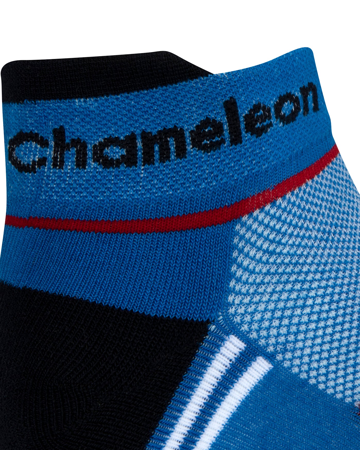Side view of a blue seamless toe sport sock with red and white stripes with a dark blue lip and blue cushioned heel with dark blue Dapper Chameleon wording on the cuff.