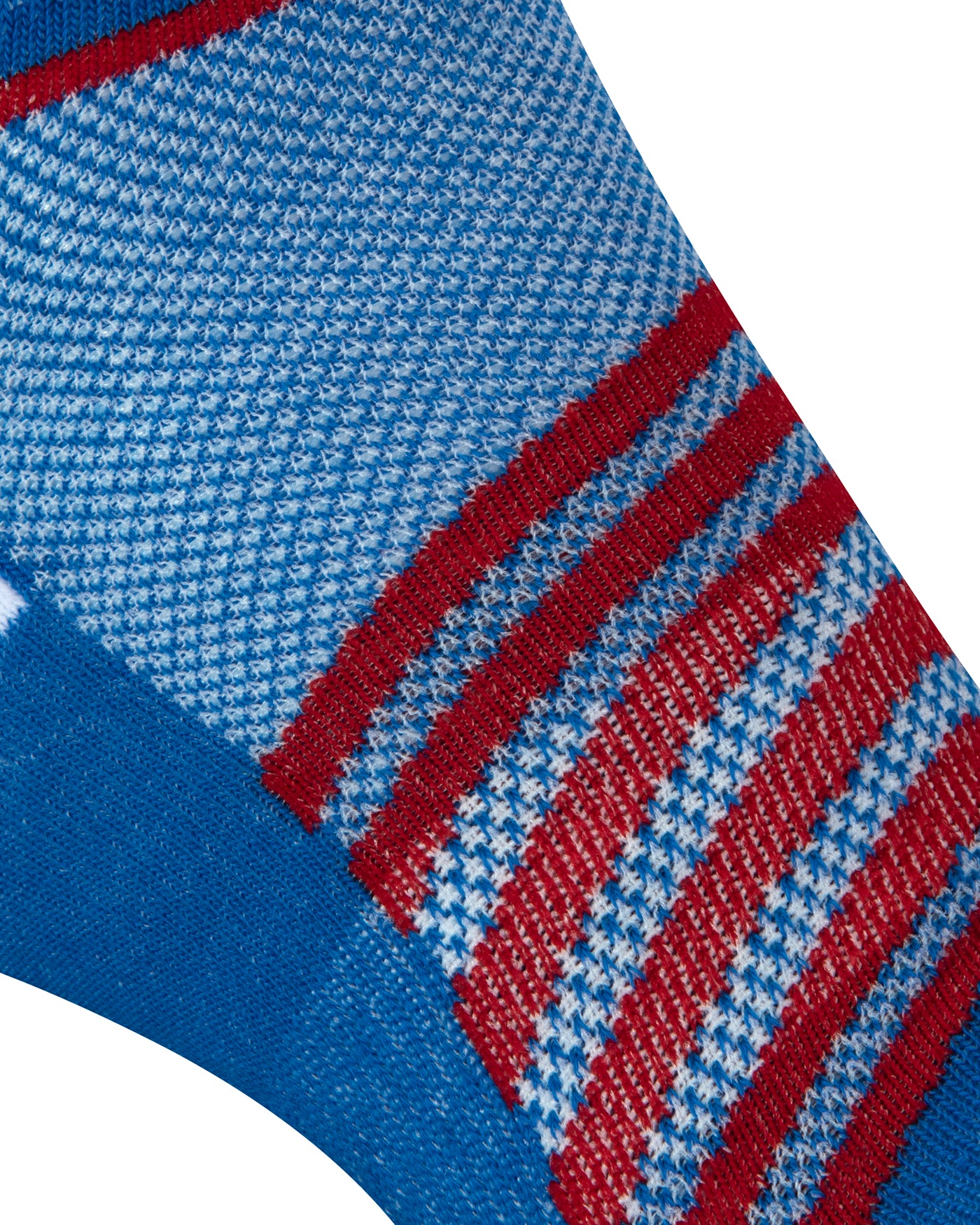 Textured view of a blue seamless toe sport sock with red and white stripes.