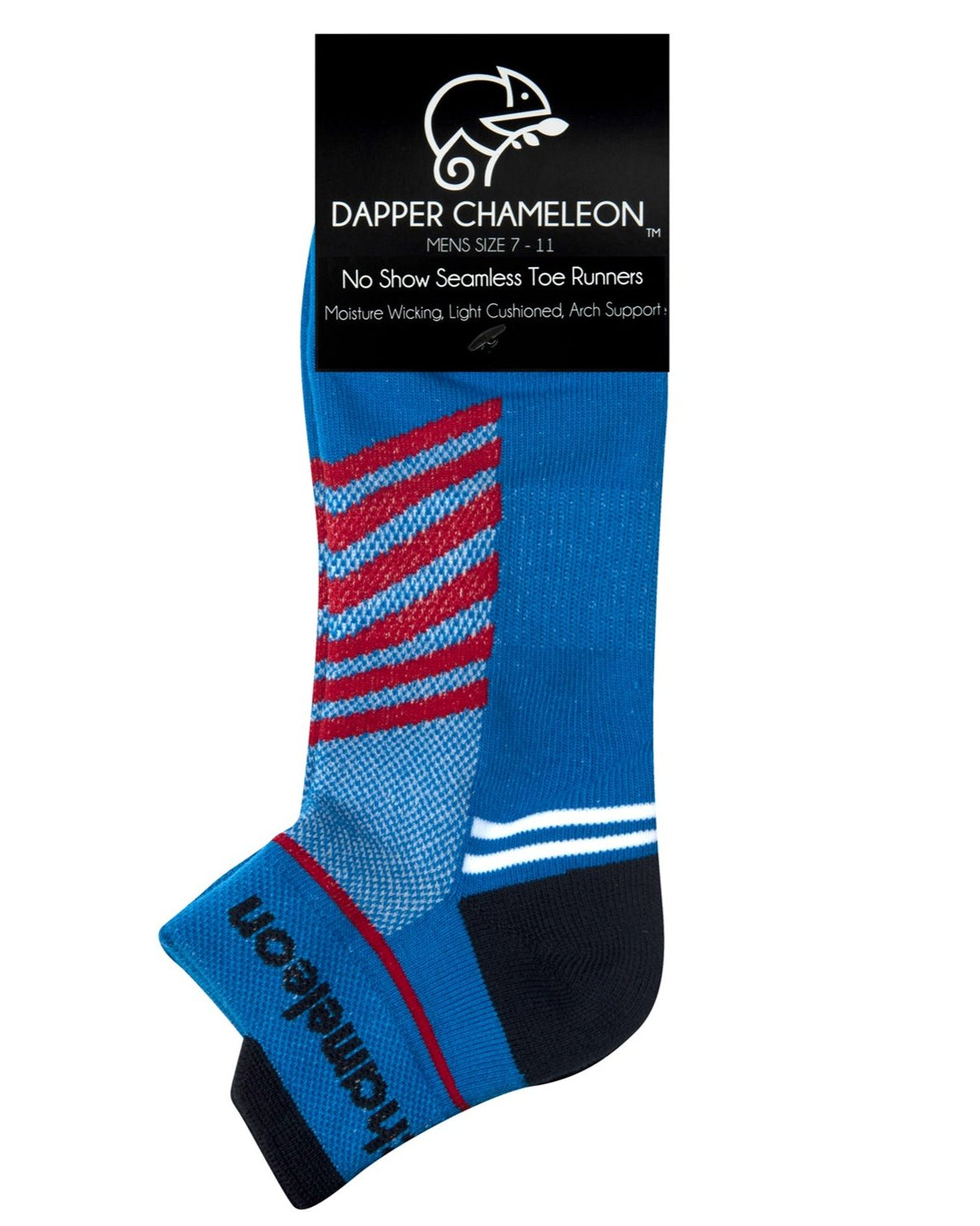 Header card packaging of a blue seamless toe sport sock with red and white stripes with a dark blue cushioned lip, heel and toe.