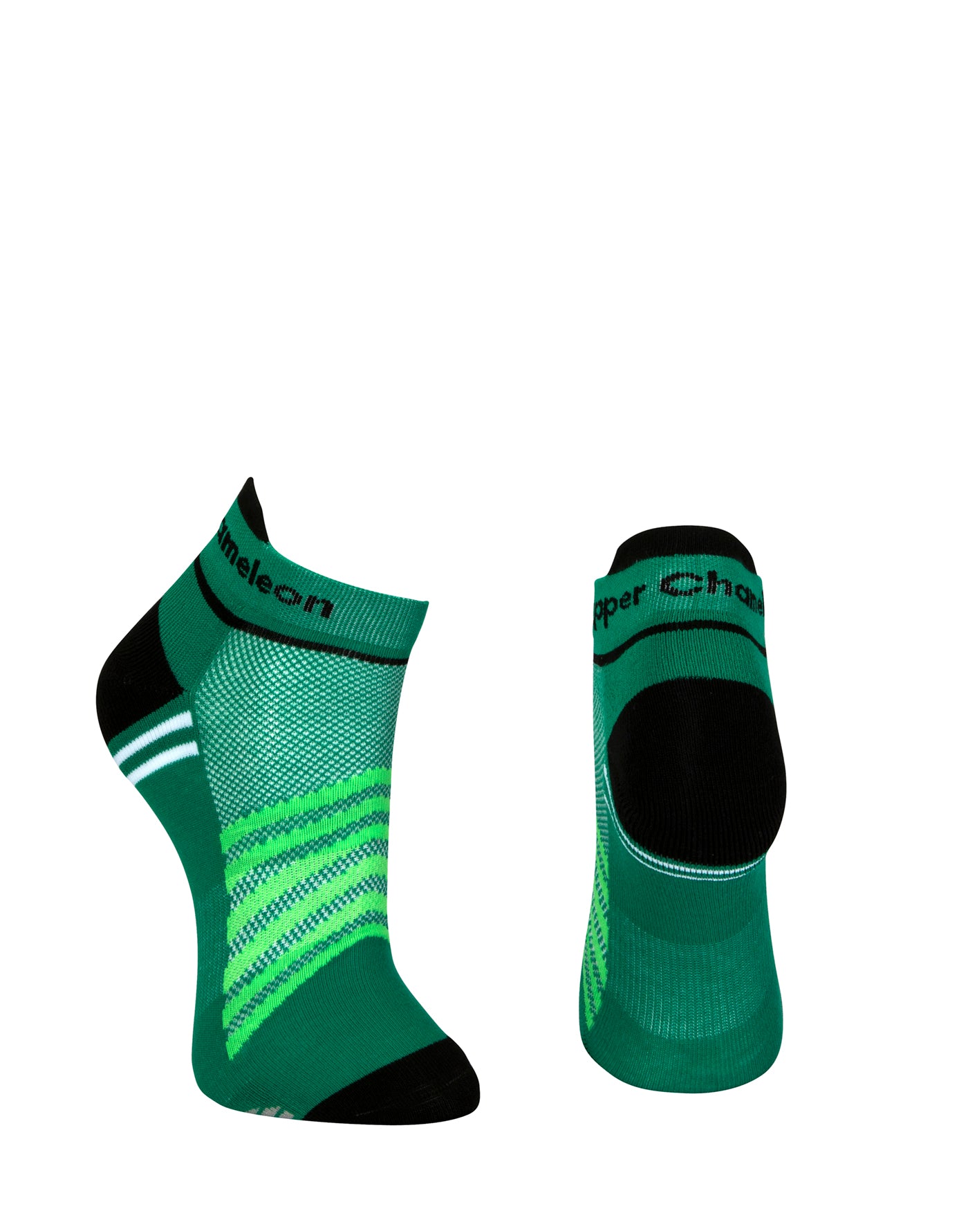Green seamless toe sport sock with white and lime green stripes with a black cushioned lip, heel and toe.