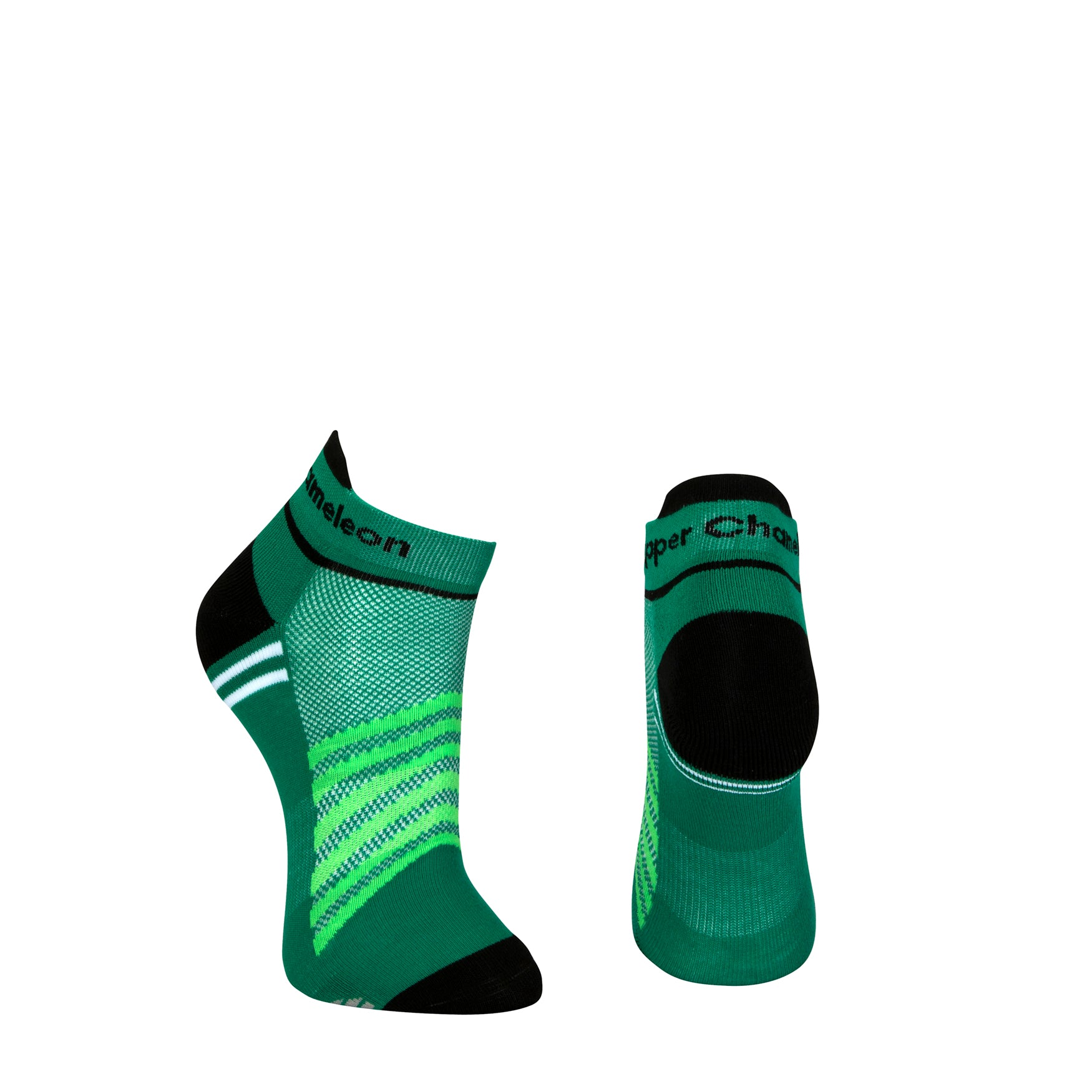 Green seamless toe sport sock with white and lime green stripes with a black cushioned lip, heel and toe.