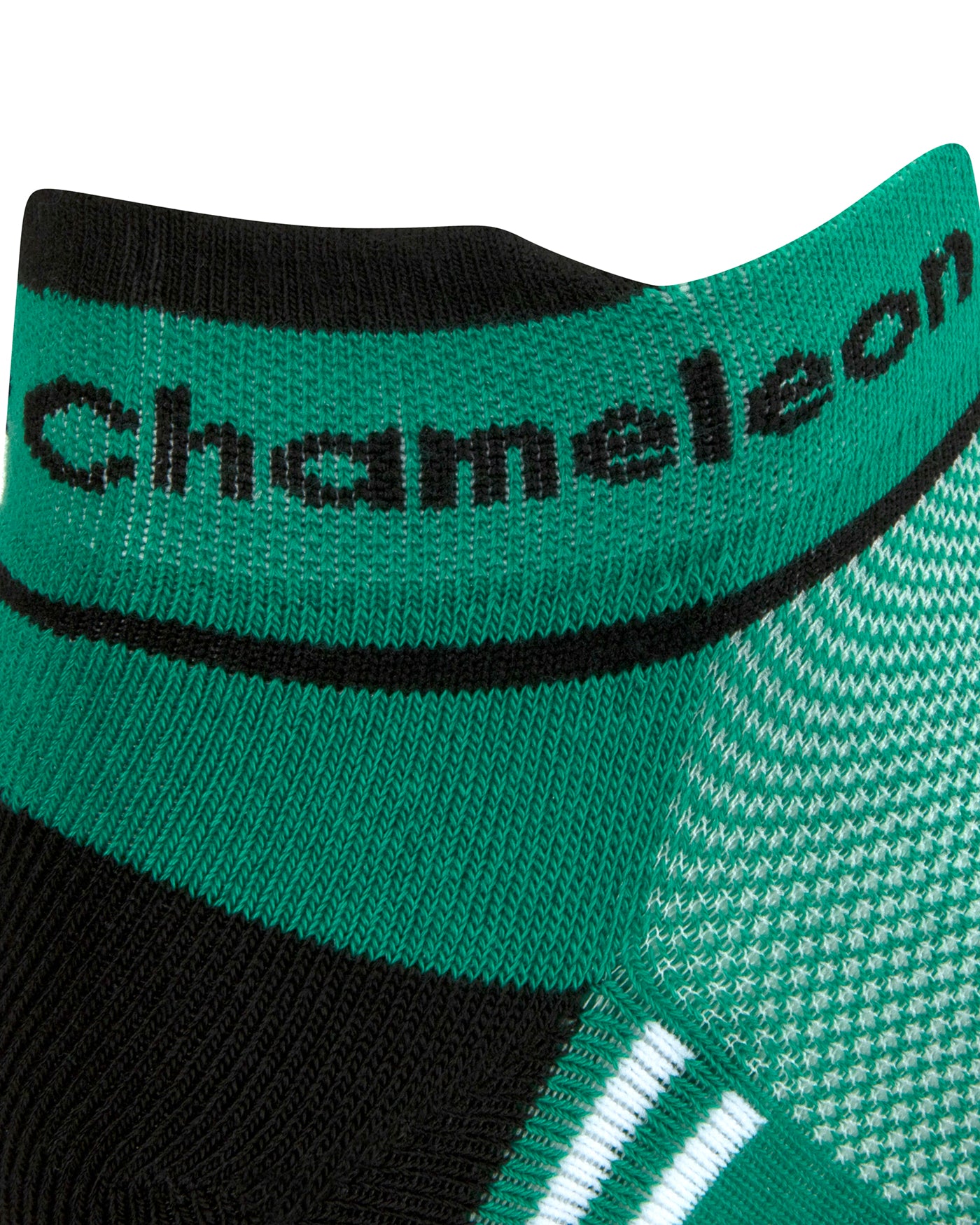 Side view of a green seamless toe sport sock with white and lime green stripes with a black lip and black cushioned heel with black Dapper Chameleon wording on the cuff.