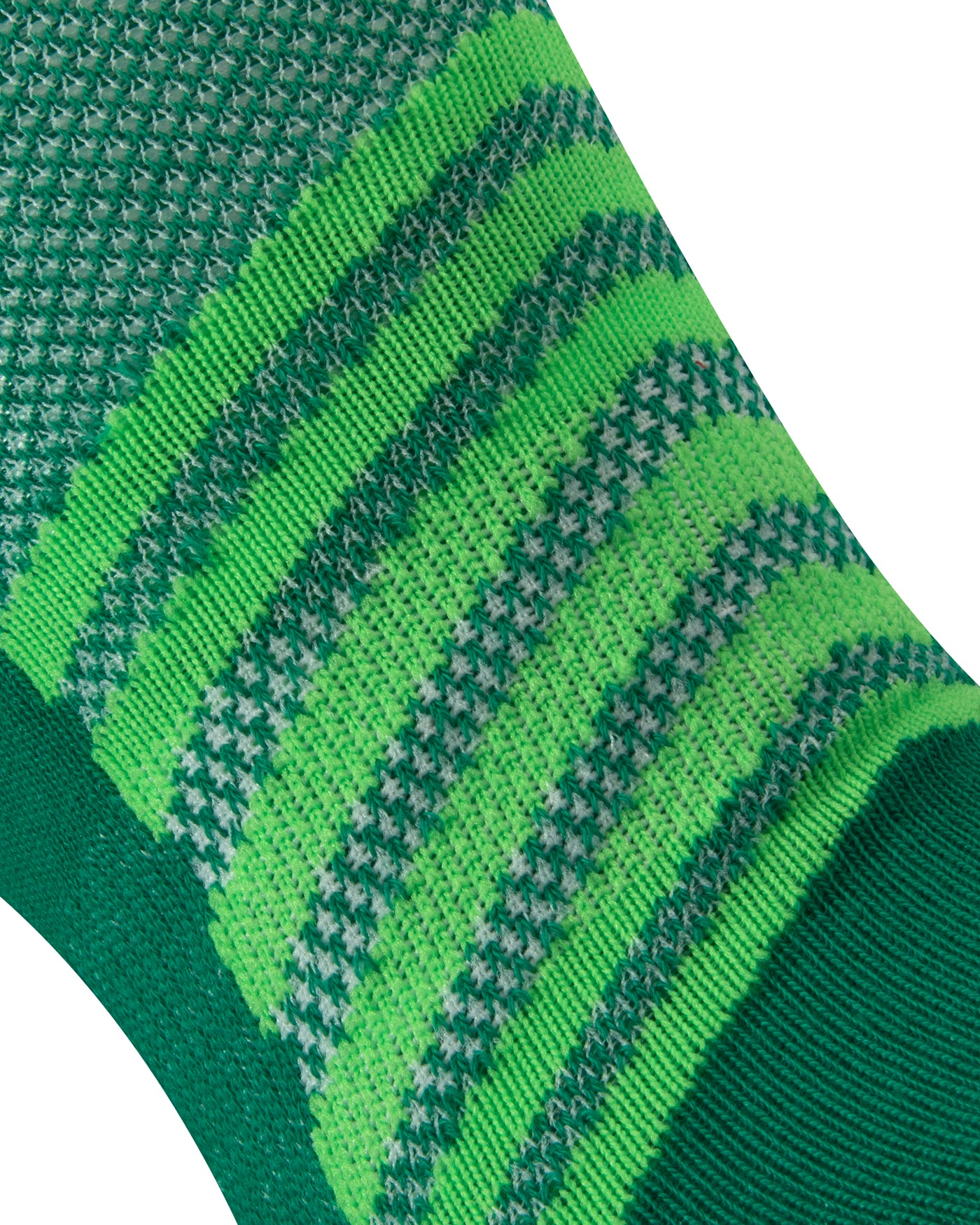 Textured view of a green seamless toe sport sock with lime green stripes.