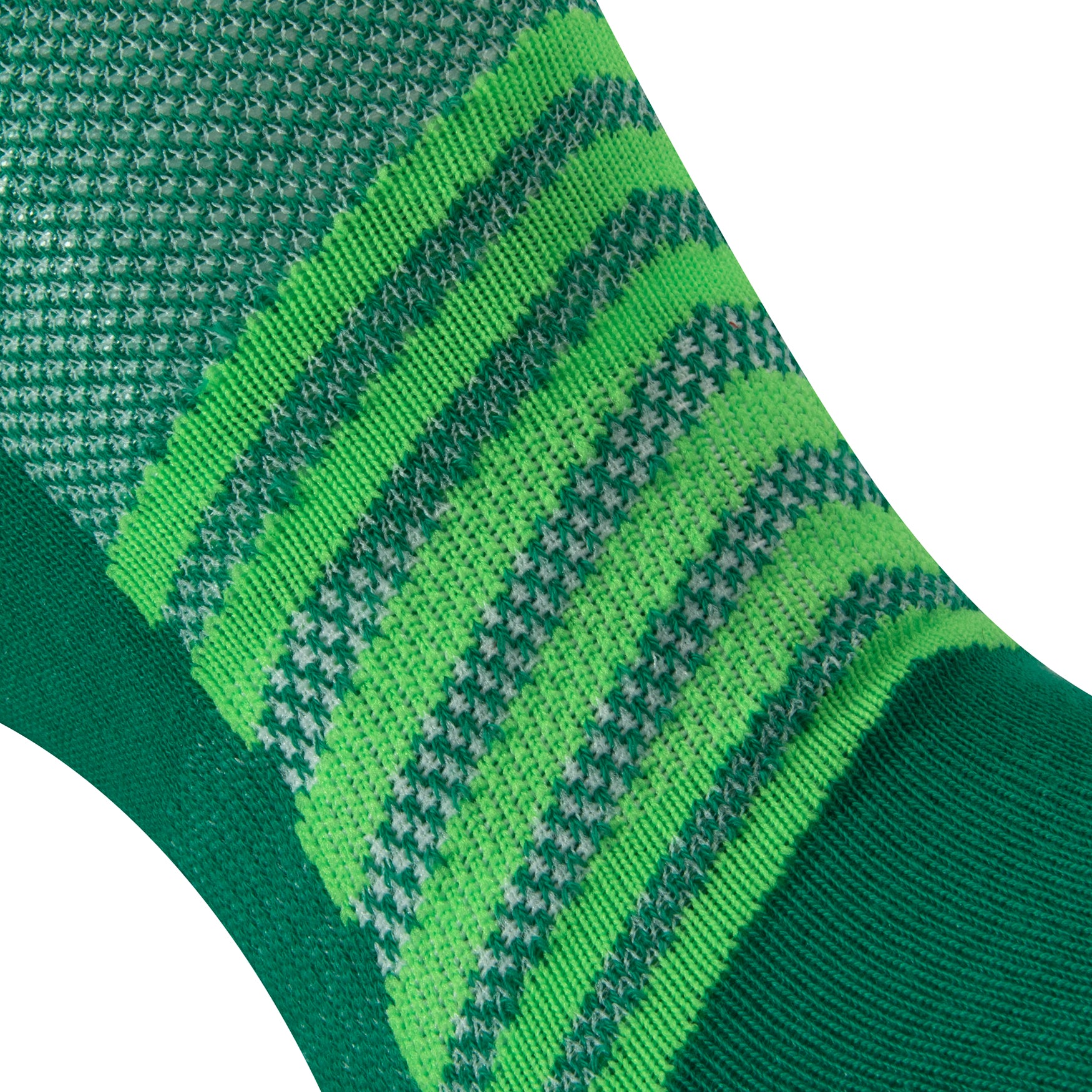 Textured view of a green seamless toe sport sock with lime green stripes.