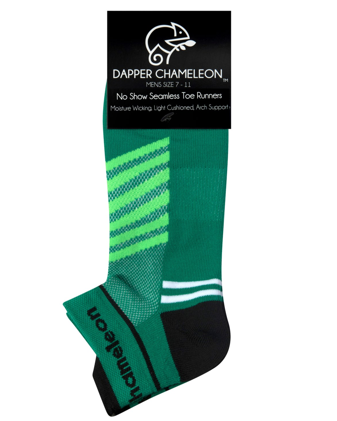 Header card packaging of a green seamless toe sport sock with white and lime green stripes with a black cushioned heel and toe.