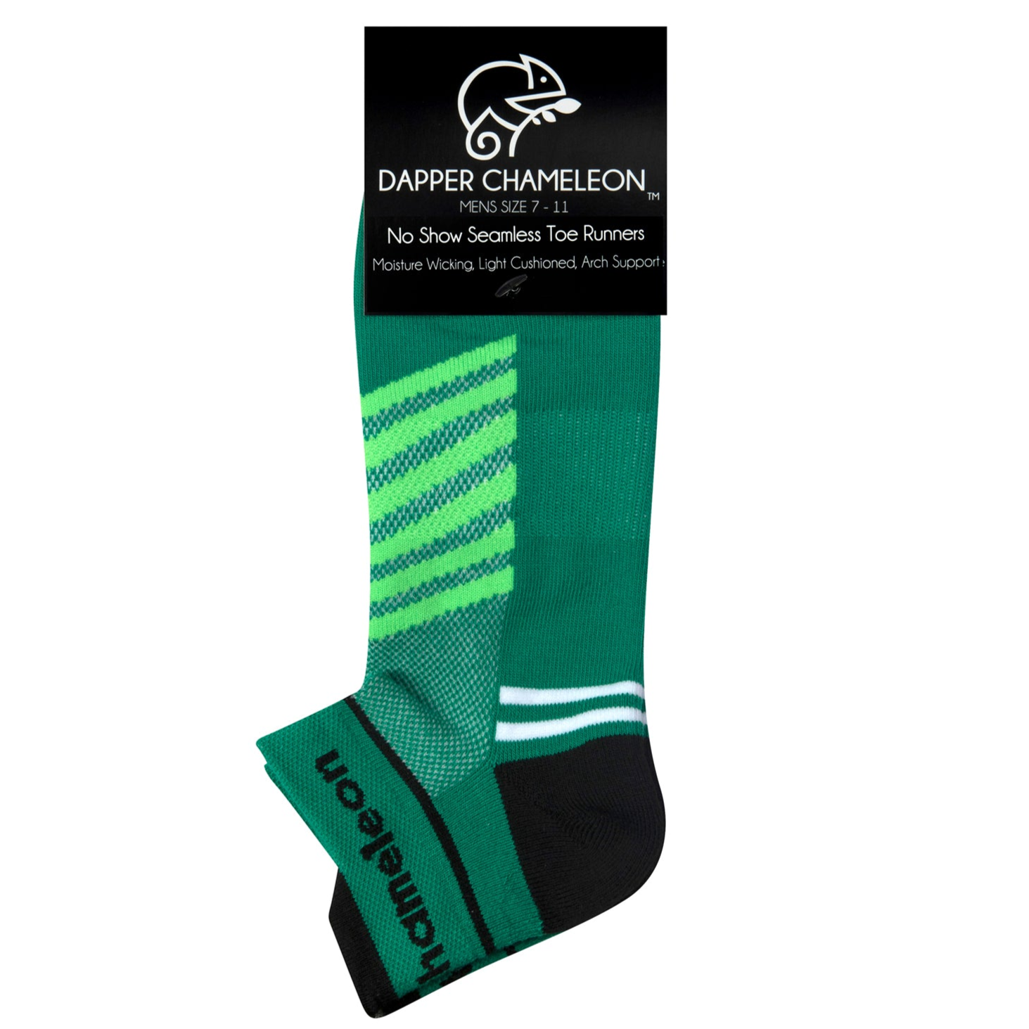 Header card packaging of a green seamless toe sport sock with white and lime green stripes with a black cushioned heel and toe.