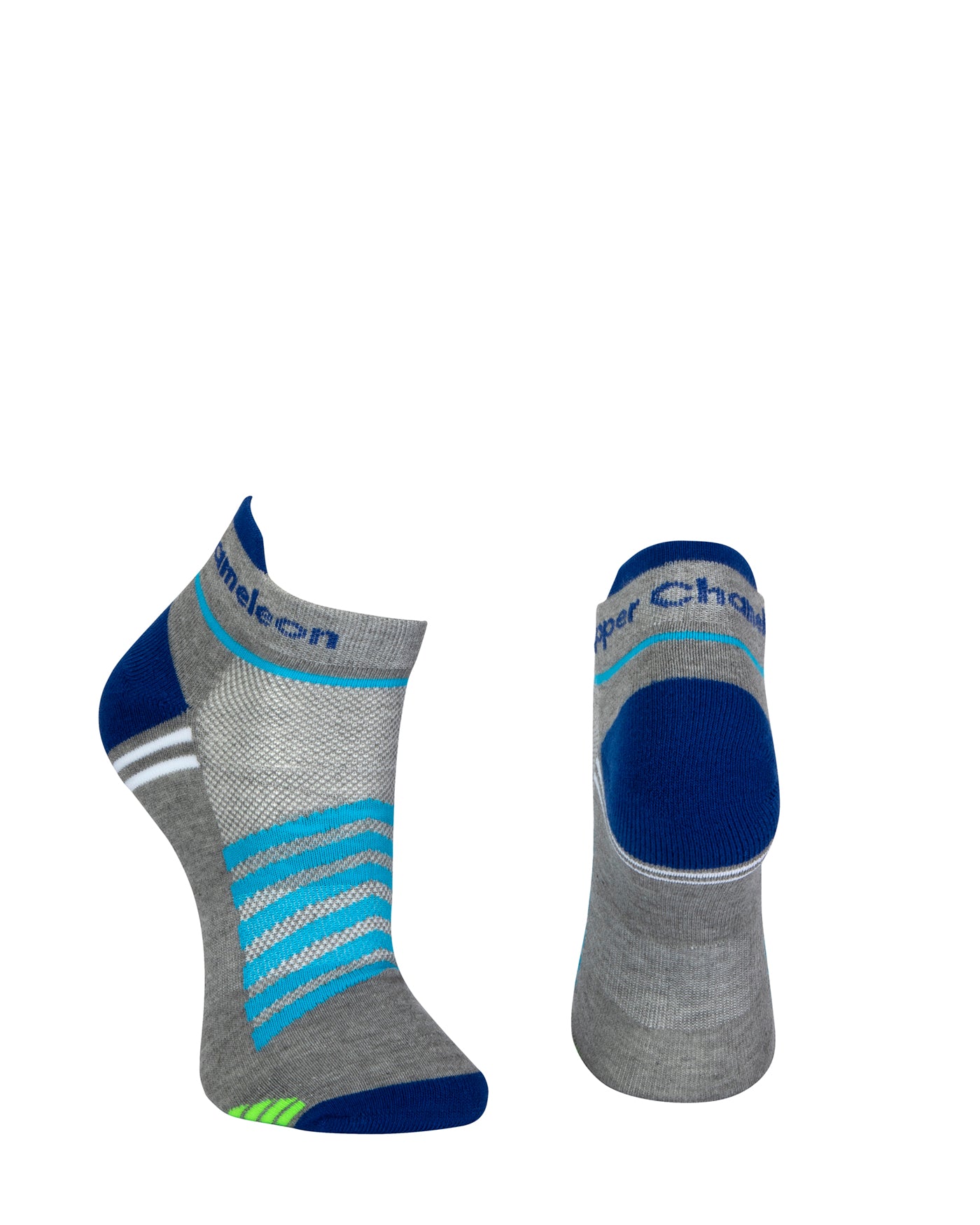 Grey seamless toe sport sock with white and sky blue stripes with a royal blue cushioned lip, heel and toe.
