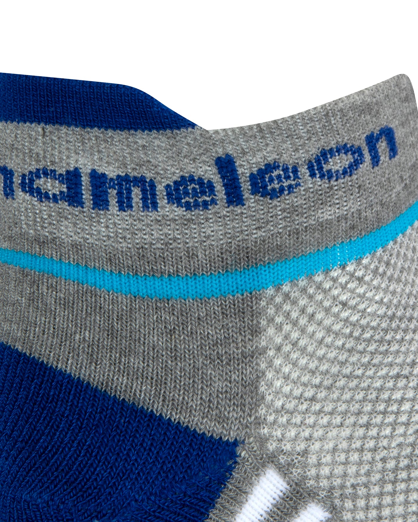 Side view of a grey seamless toe sport sock with white and sky blue stripe with a royal blue cushioned heel and lip with royal blue Dapper Chameleon wording on the cuff.