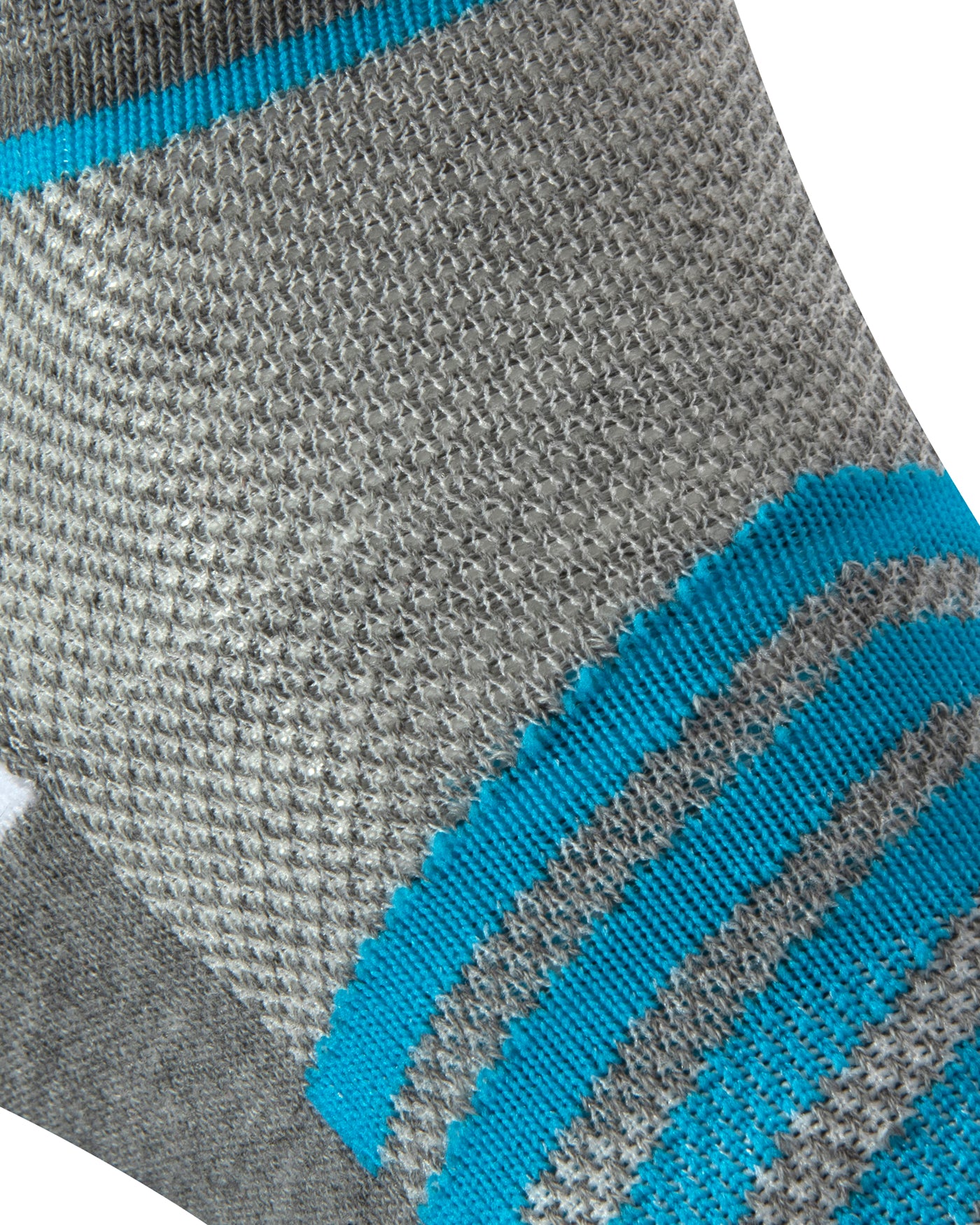 Textured view of a grey seamless toe sport sock with white and sky blue stripes.