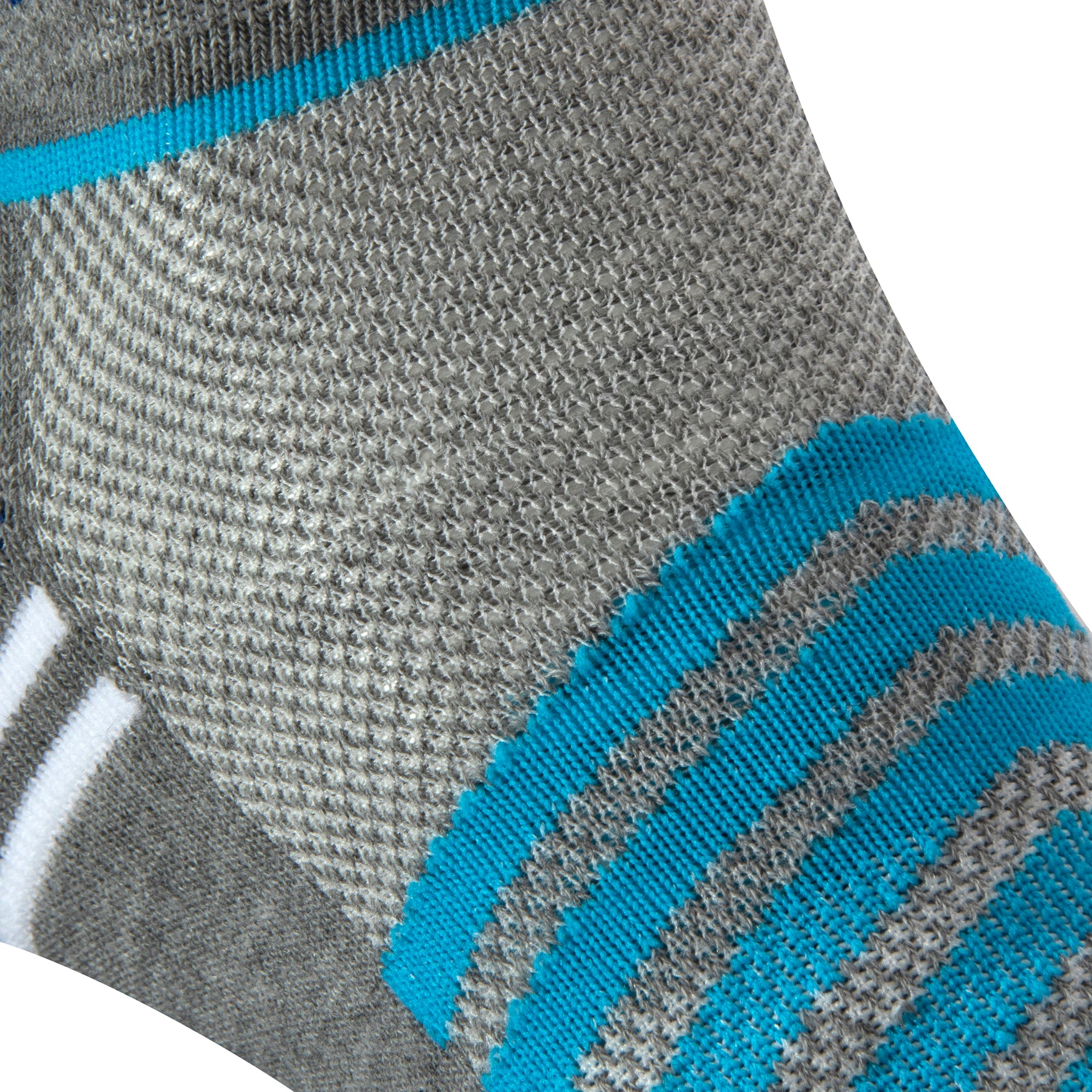 Textured view of a grey seamless toe sport sock with white and sky blue stripes.