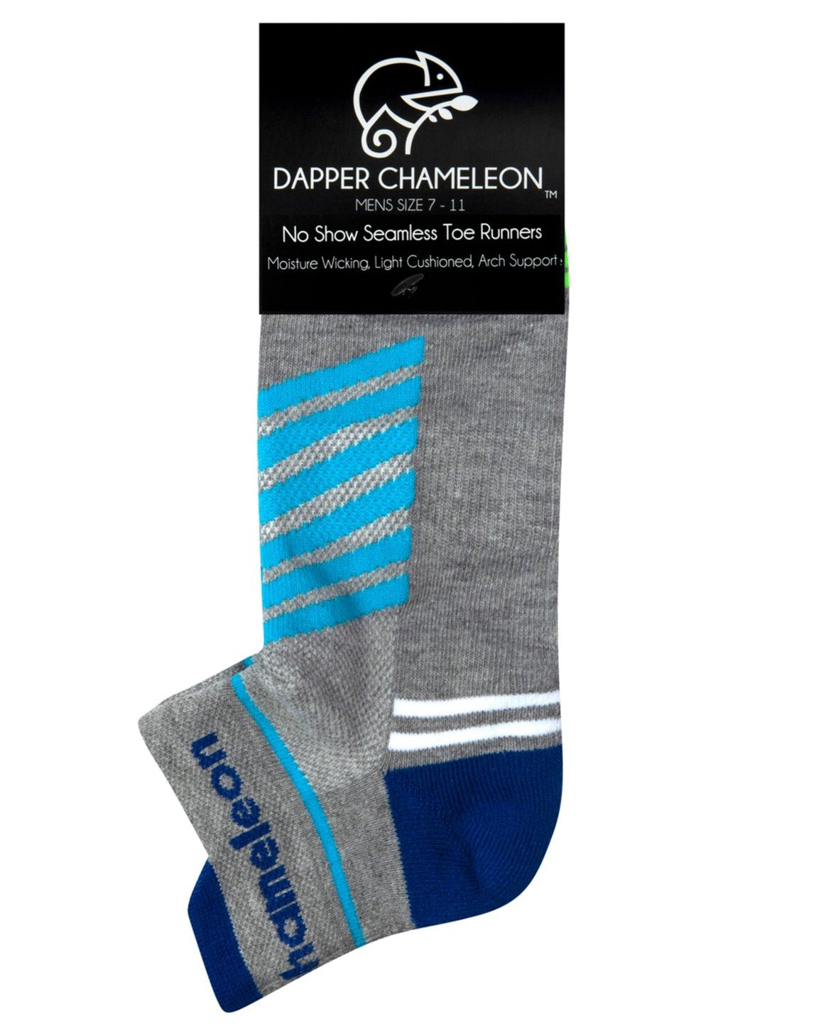 Header card packaging of a grey seamless toe sport sock with white and sky blue stripes with a royal blue cushioned lip, heel and toe.