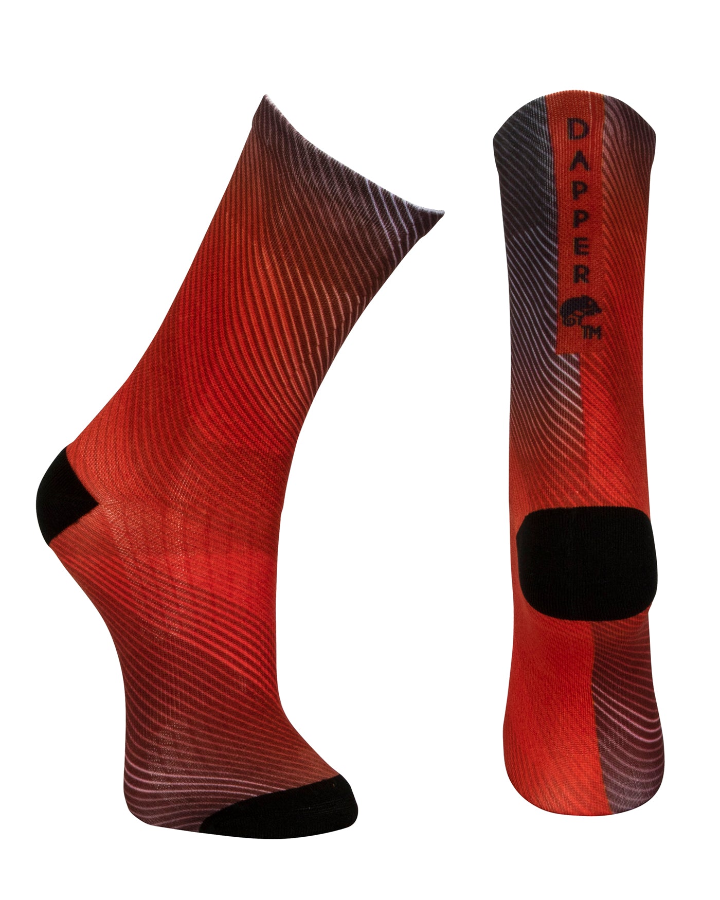 Red seamless toe sock with striped abstract print design and black heel and toe.