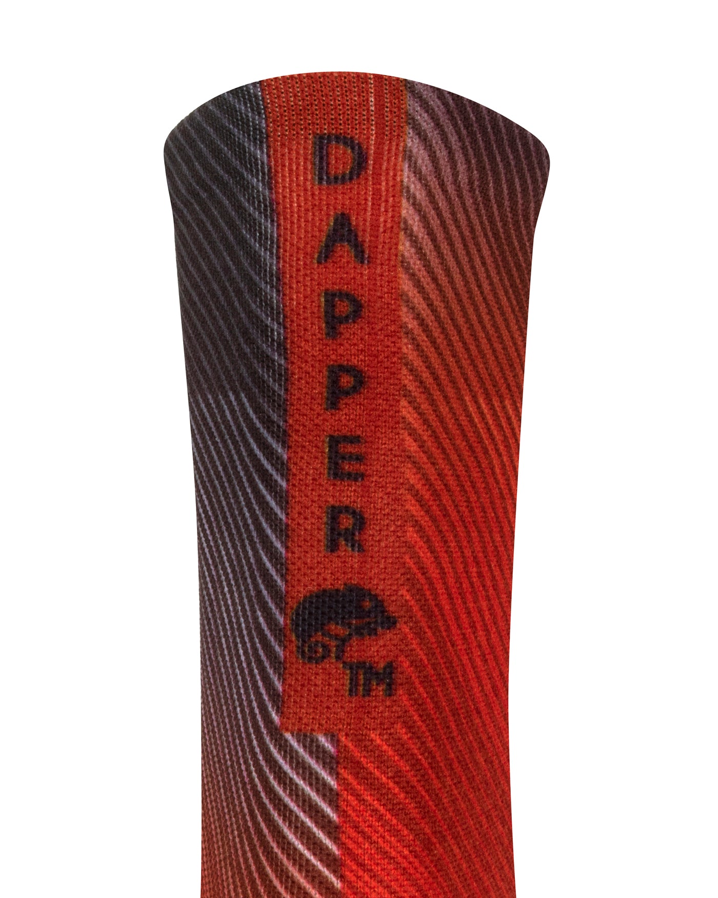Back view of a red seamless toe sock with striped abstract print design with a red strip with Dapper Chameleon wording and logo in black.