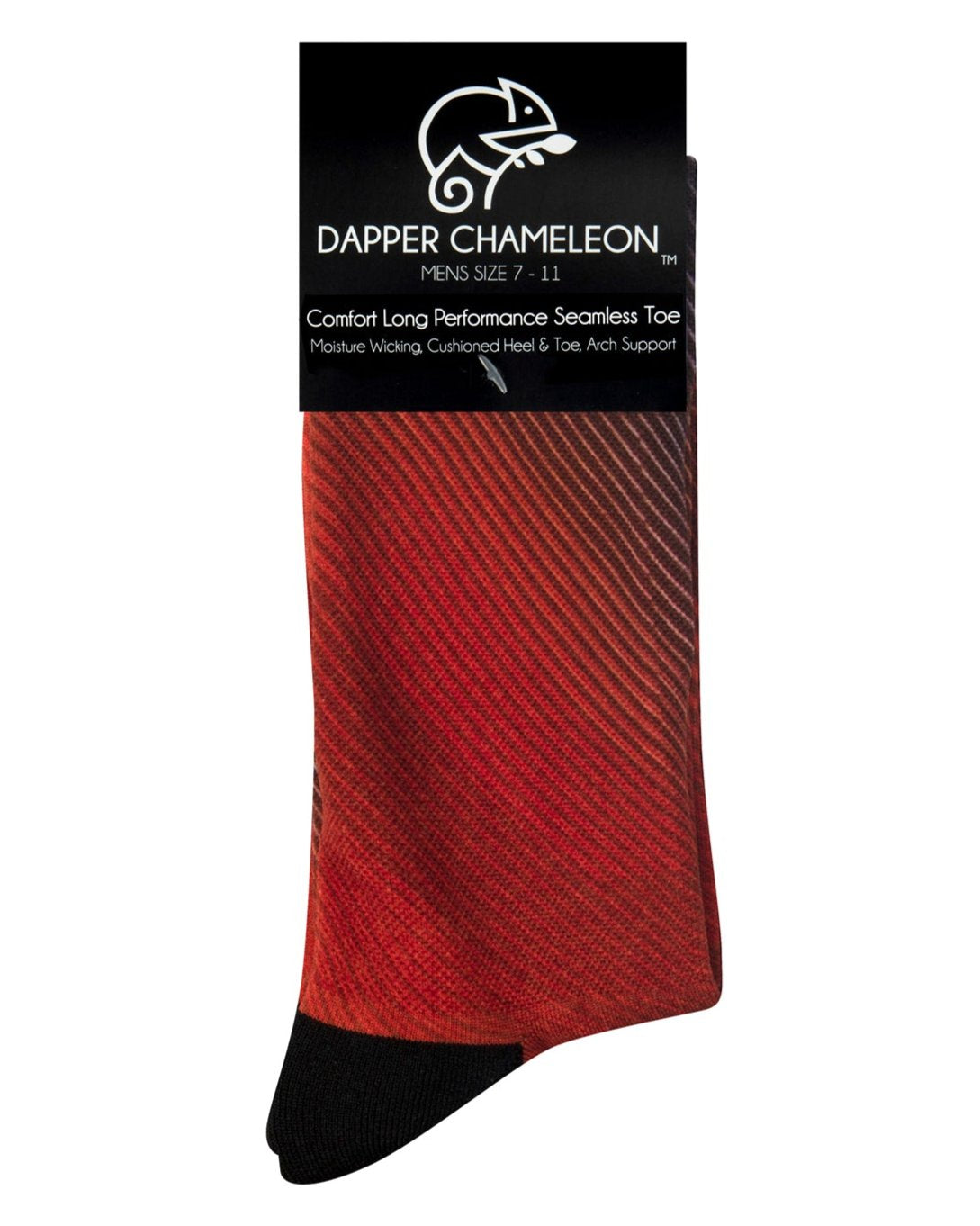 Header card packaging of a red seamless toe sock with striped abstract print design and black heel and toe.