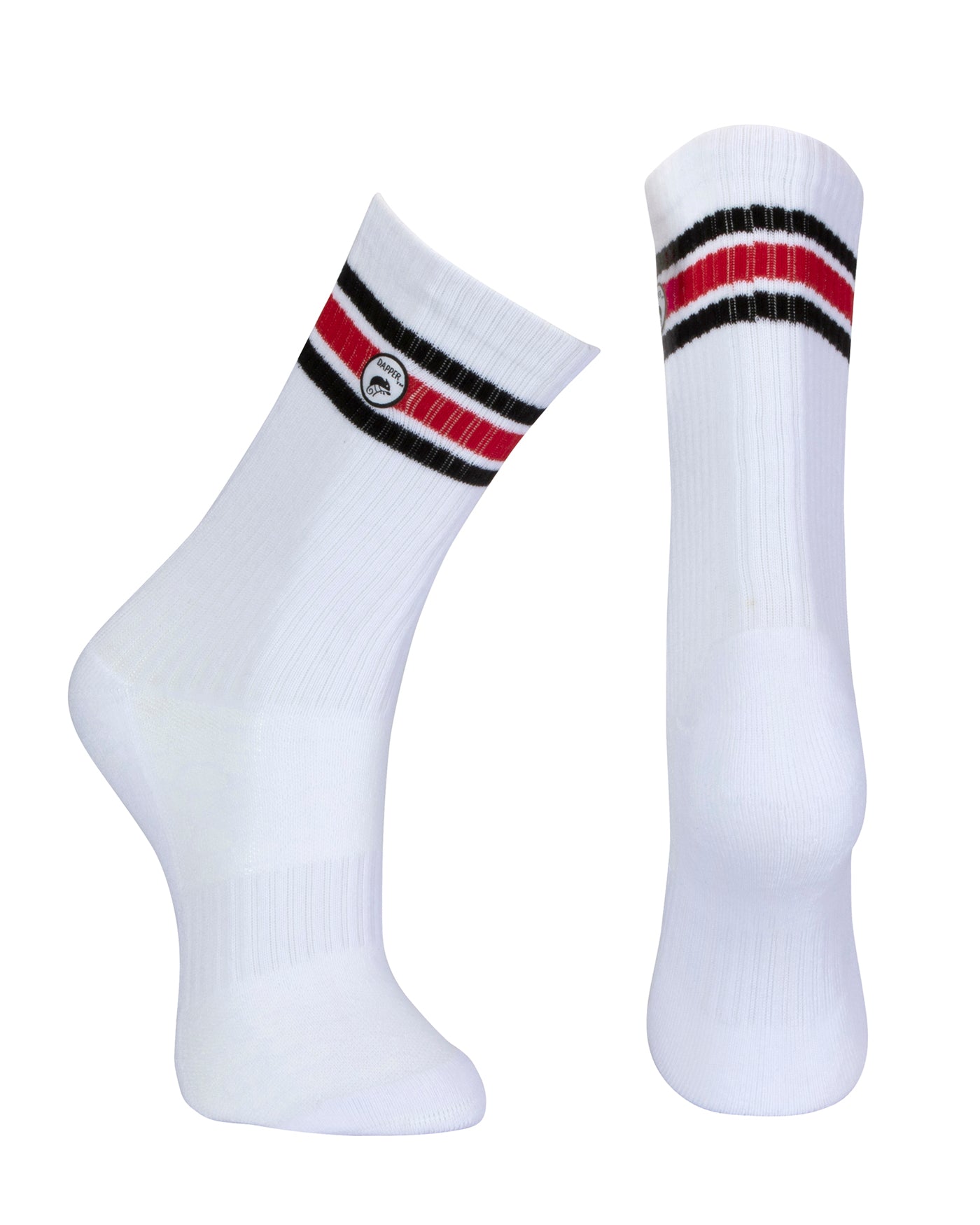 Long length ribbed white combed cotton seamless toe anklet with black and red stripes with a white heel and toe, cushioned foot and circular gripper around the arch of the foot.