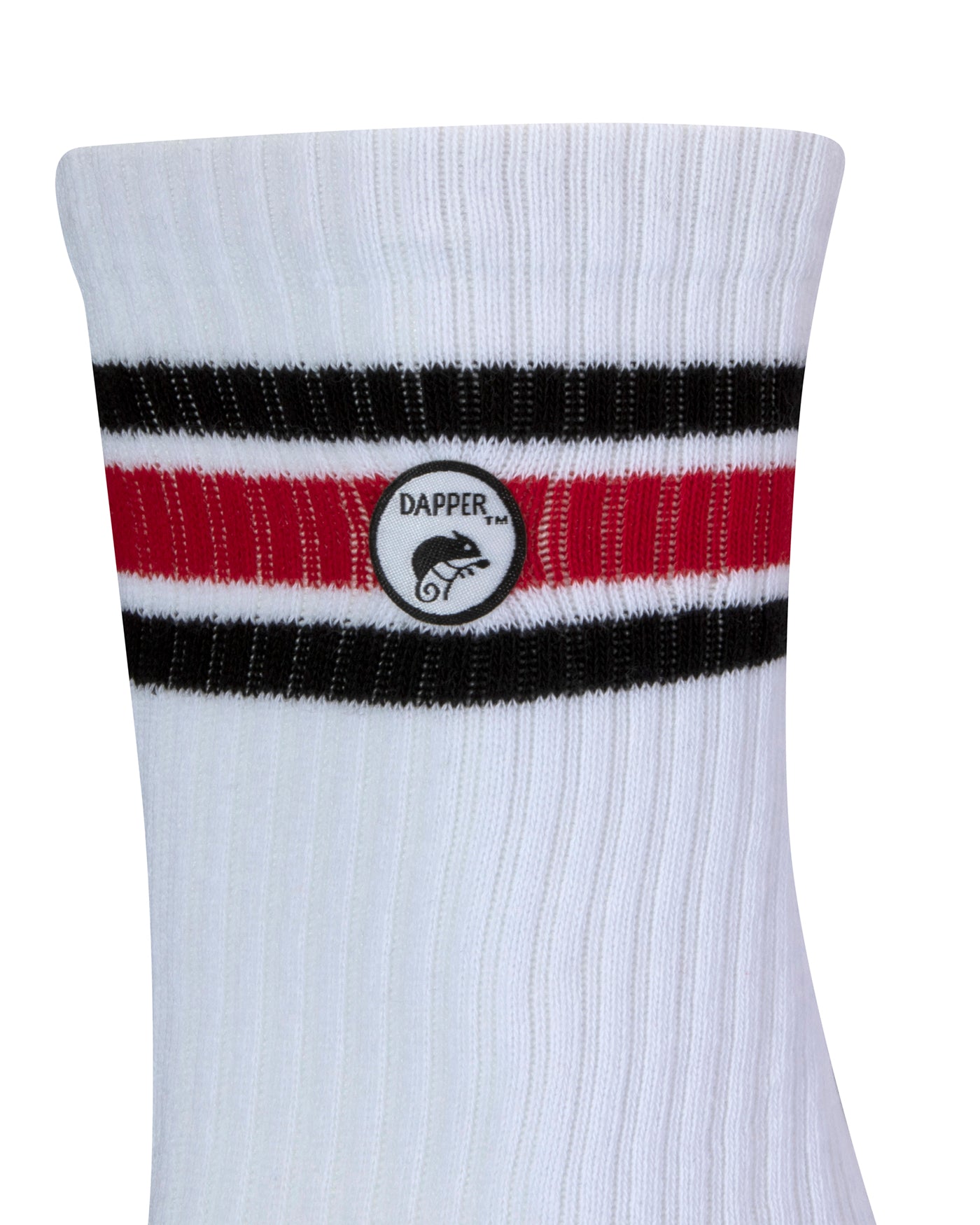 Side view of a long length ribbed white combed cotton seamless toe anklet with black and red stripes with Dapper Chameleon logo.
