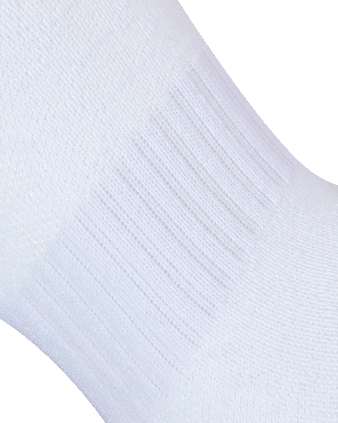 Textured heel view of a long length ribbed white combed cotton seamless toe anklet with circular gripper around the arch of the foot.