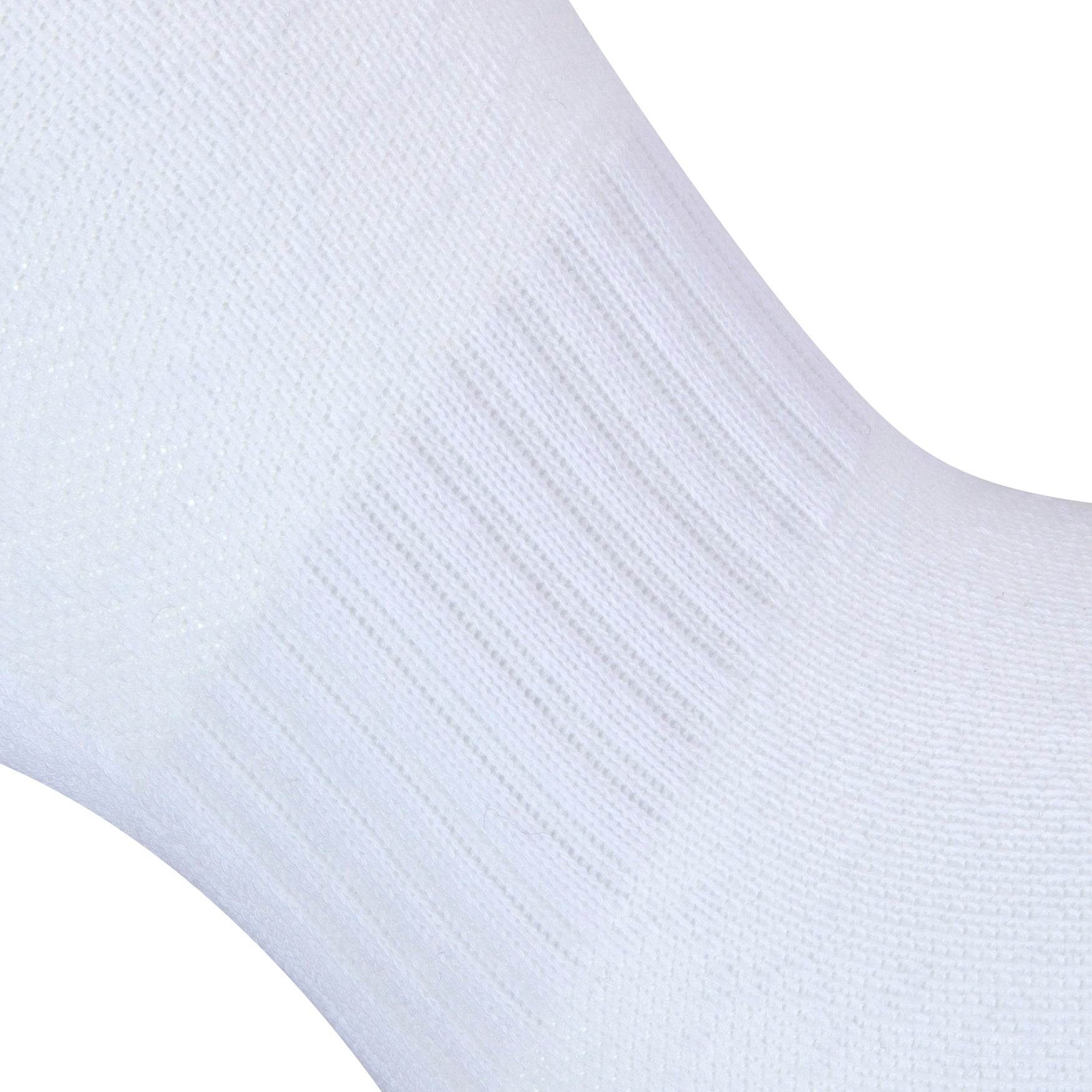 Textured heel view of a long length ribbed white combed cotton seamless toe anklet with circular gripper around the arch of the foot.