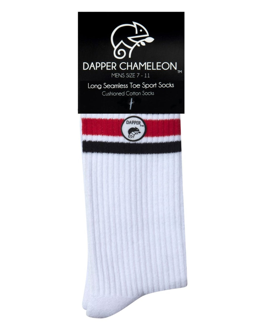 Header card packaging of a long length ribbed white combed cotton seamless toe anklet with black and red stripes with a white heel and toe, cushioned foot and circular gripper around the arch of the foot.