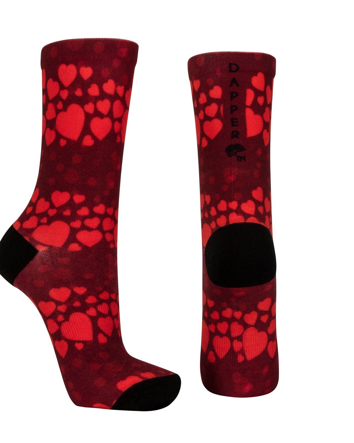 Red seamless toe sock with red hearts print design and black heel and toe.