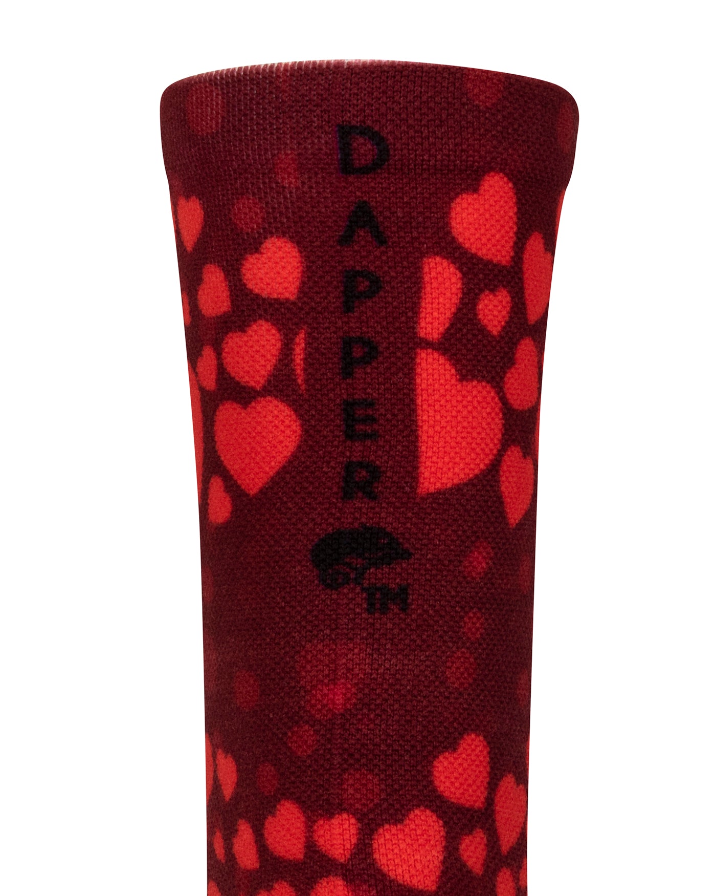 Back view of a red seamless toe sock with red hearts print design with a maroon strip with Dapper Chameleon wording and logo in black.