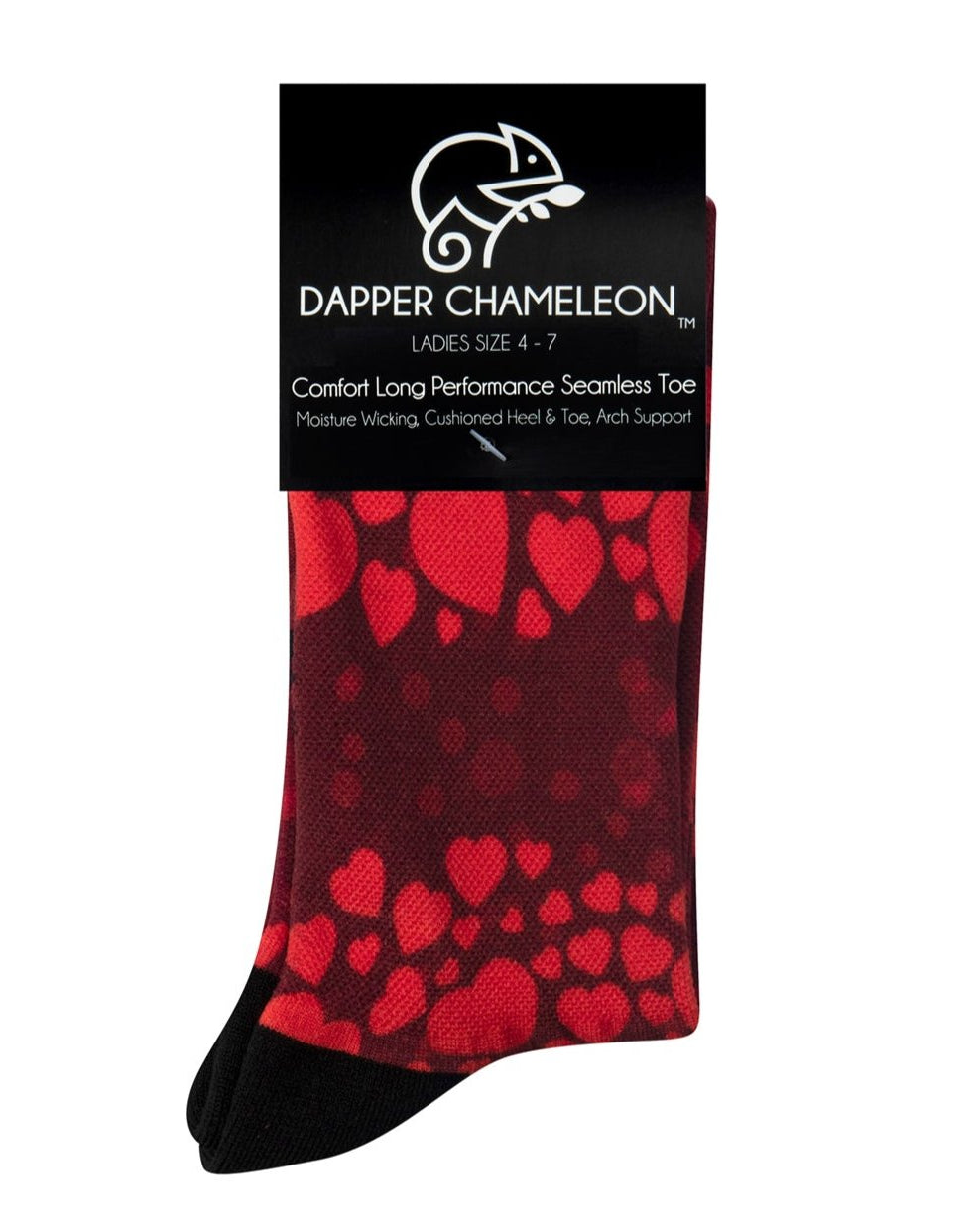 Header card packaging of a red seamless toe sock with red hearts print design and black heel and toe.