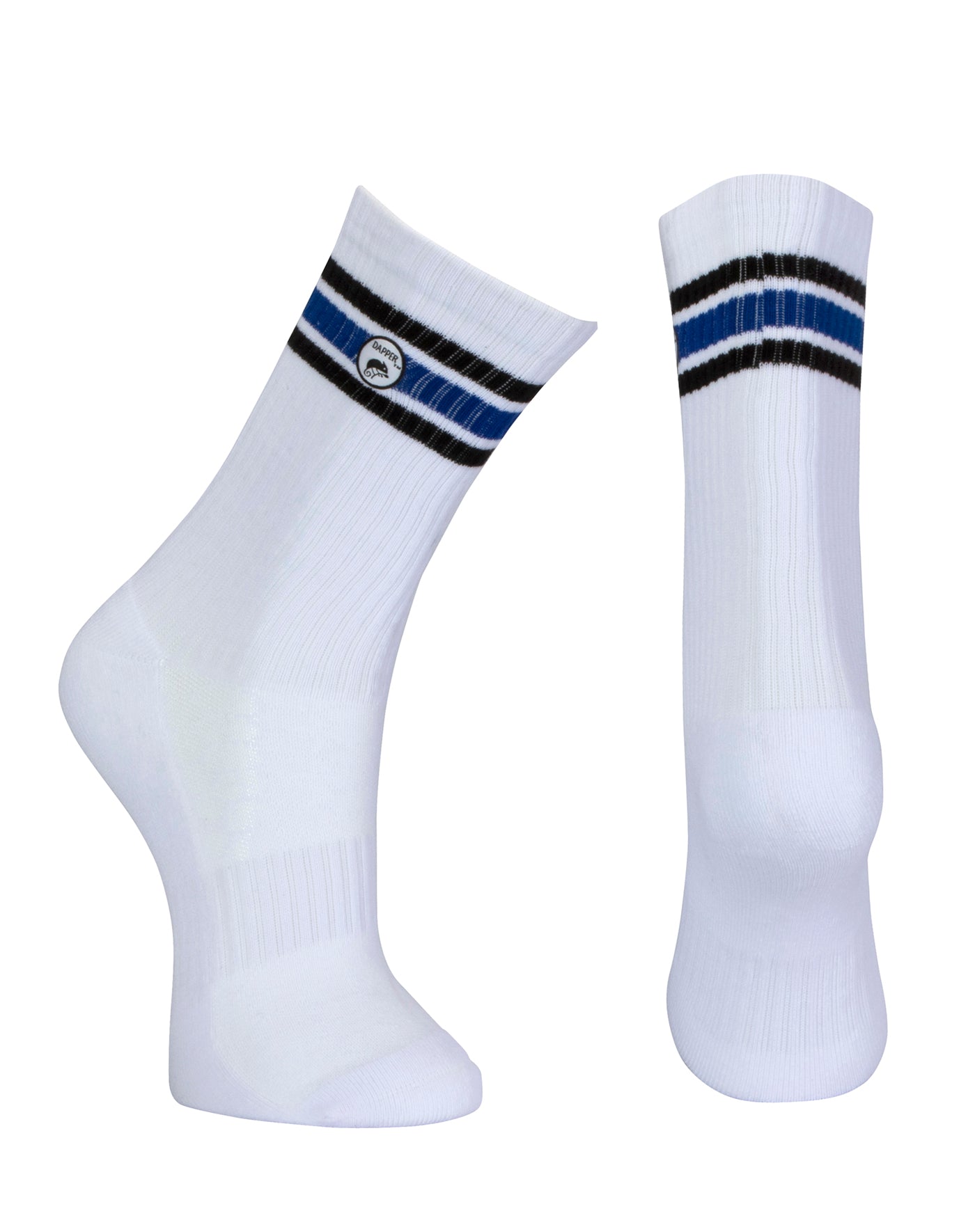 Long length ribbed white combed cotton seamless toe anklet with black and royal blue stripes with a white heel and toe, cushioned foot and circular gripper around the arch of the foot.