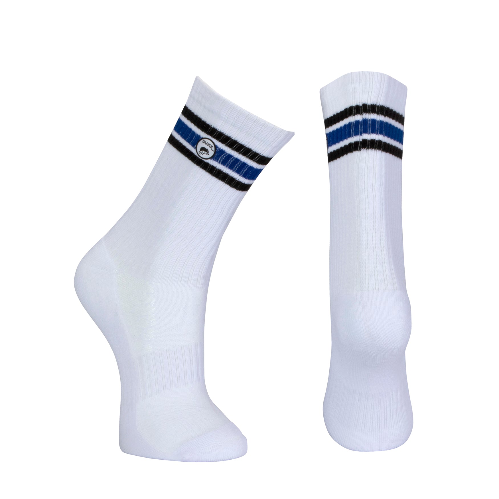 Long length ribbed white combed cotton seamless toe anklet with black and royal blue stripes with a white heel and toe, cushioned foot and circular gripper around the arch of the foot.