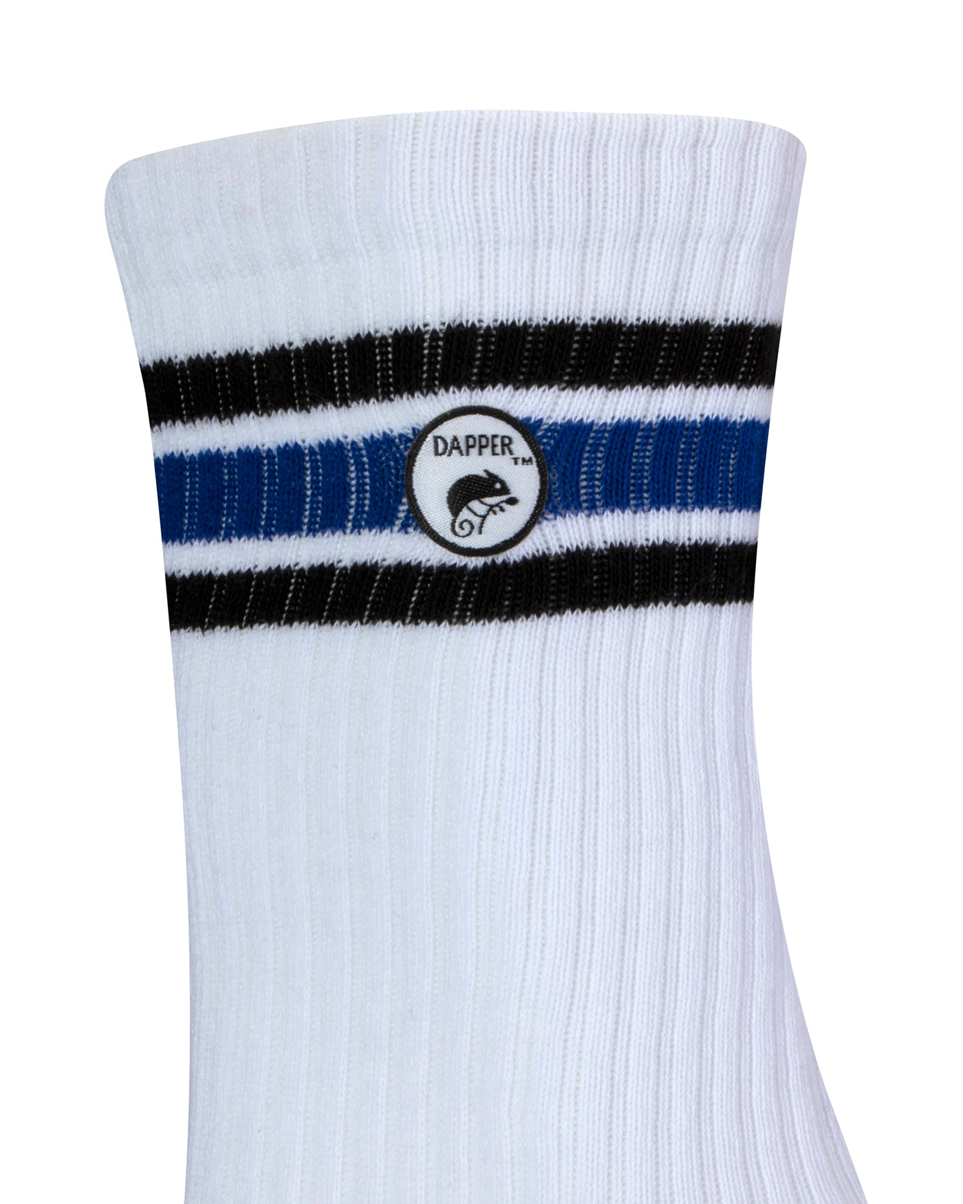 Side view of a long length ribbed white combed cotton seamless toe anklet with black and royal blue stripes with Dapper Chameleon logo.