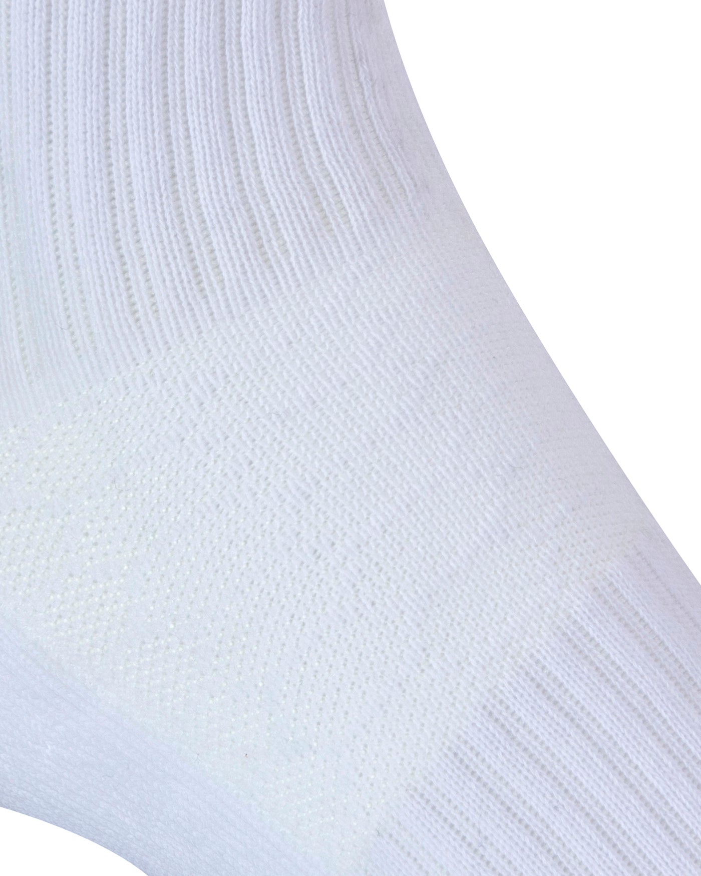 Textured view of a long length ribbed white combed cotton seamless toe anklet with cushioned foot and circular gripper around the arch of the foot.