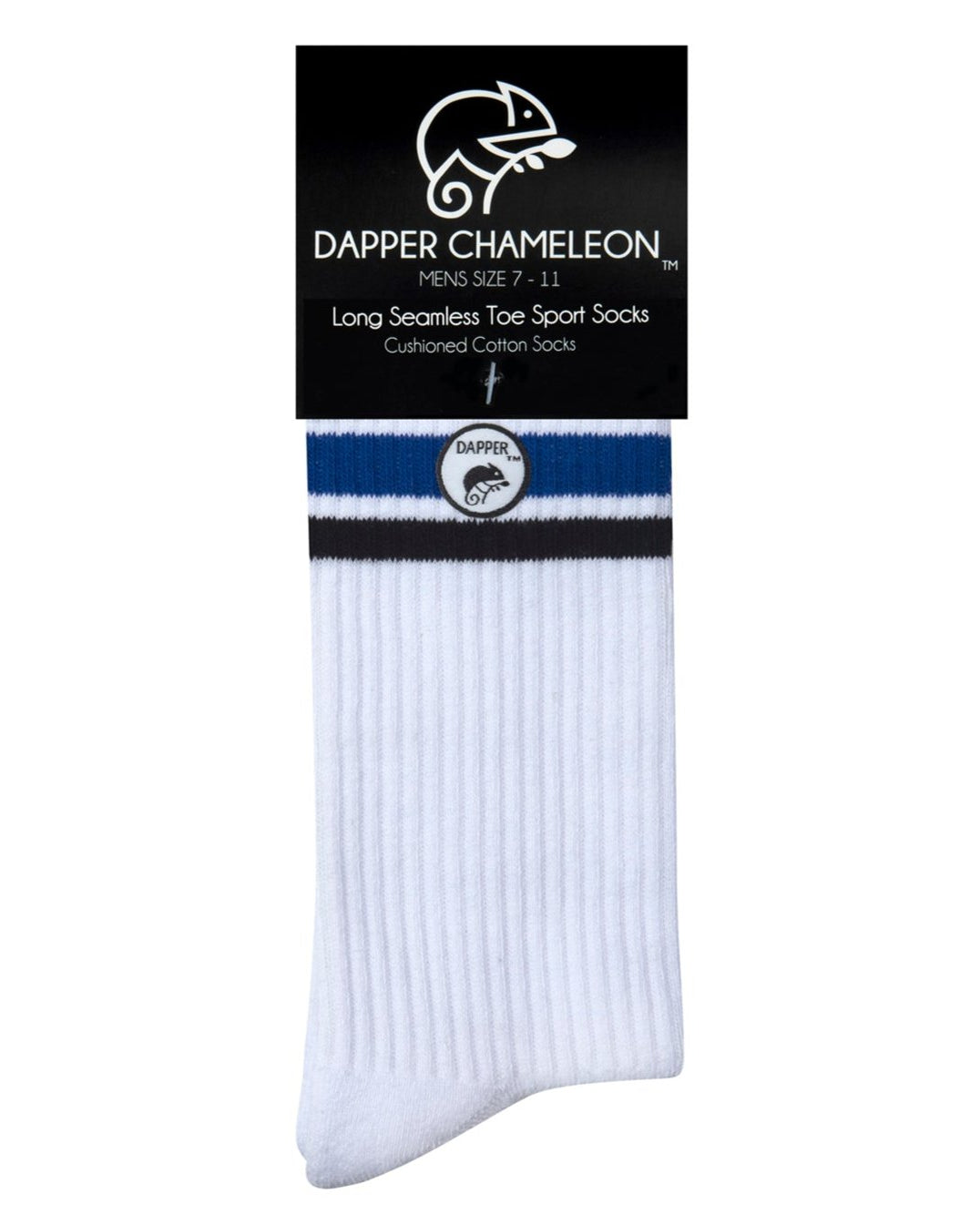 Header card packaging of a long length ribbed white combed cotton seamless toe anklet with black and royal blue stripes with a white heel and toe, cushioned foot and circular gripper around the arch of the foot.