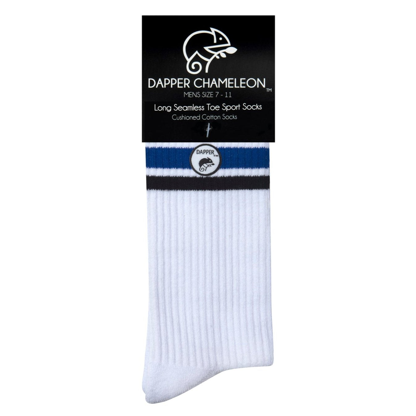 Header card packaging of a long length ribbed white combed cotton seamless toe anklet with black and royal blue stripes with a white heel and toe, cushioned foot and circular gripper around the arch of the foot.