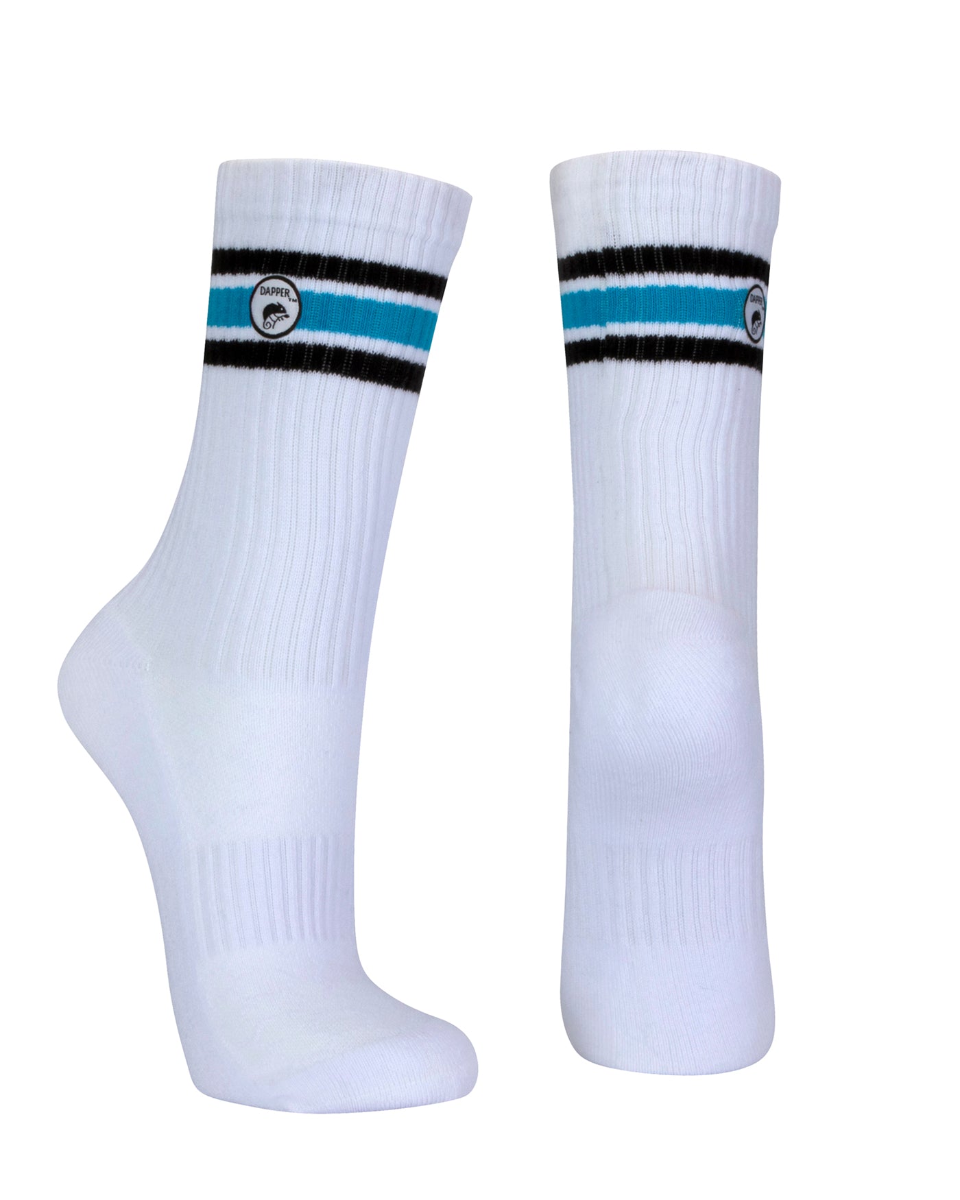 Long length ribbed black combed cotton seamless toe anklet with black and sky blue stripes with a white heel and toe, cushioned foot and circular gripper around the arch of the foot.