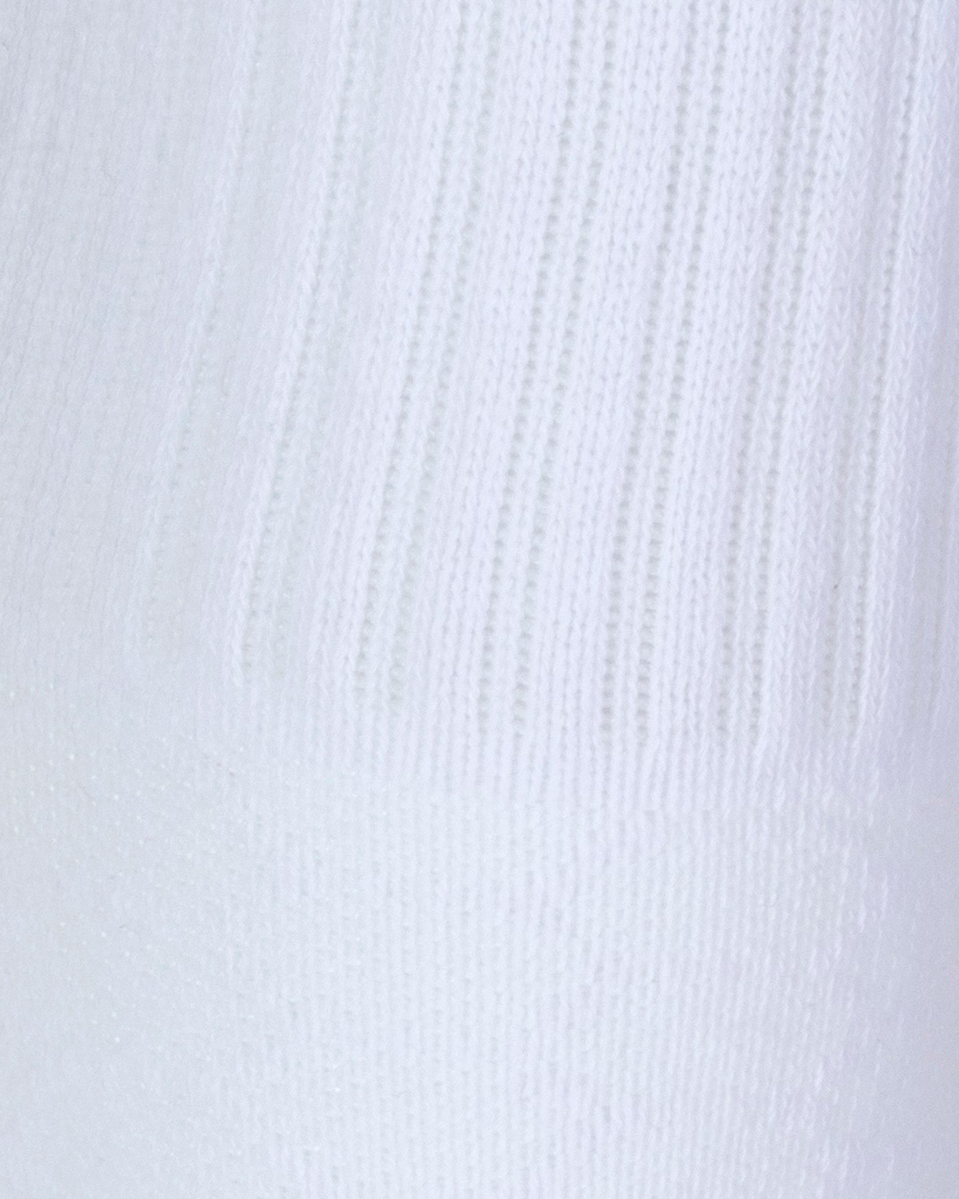 Textured view of a long length ribbed white combed cotton seamless toe anklet.