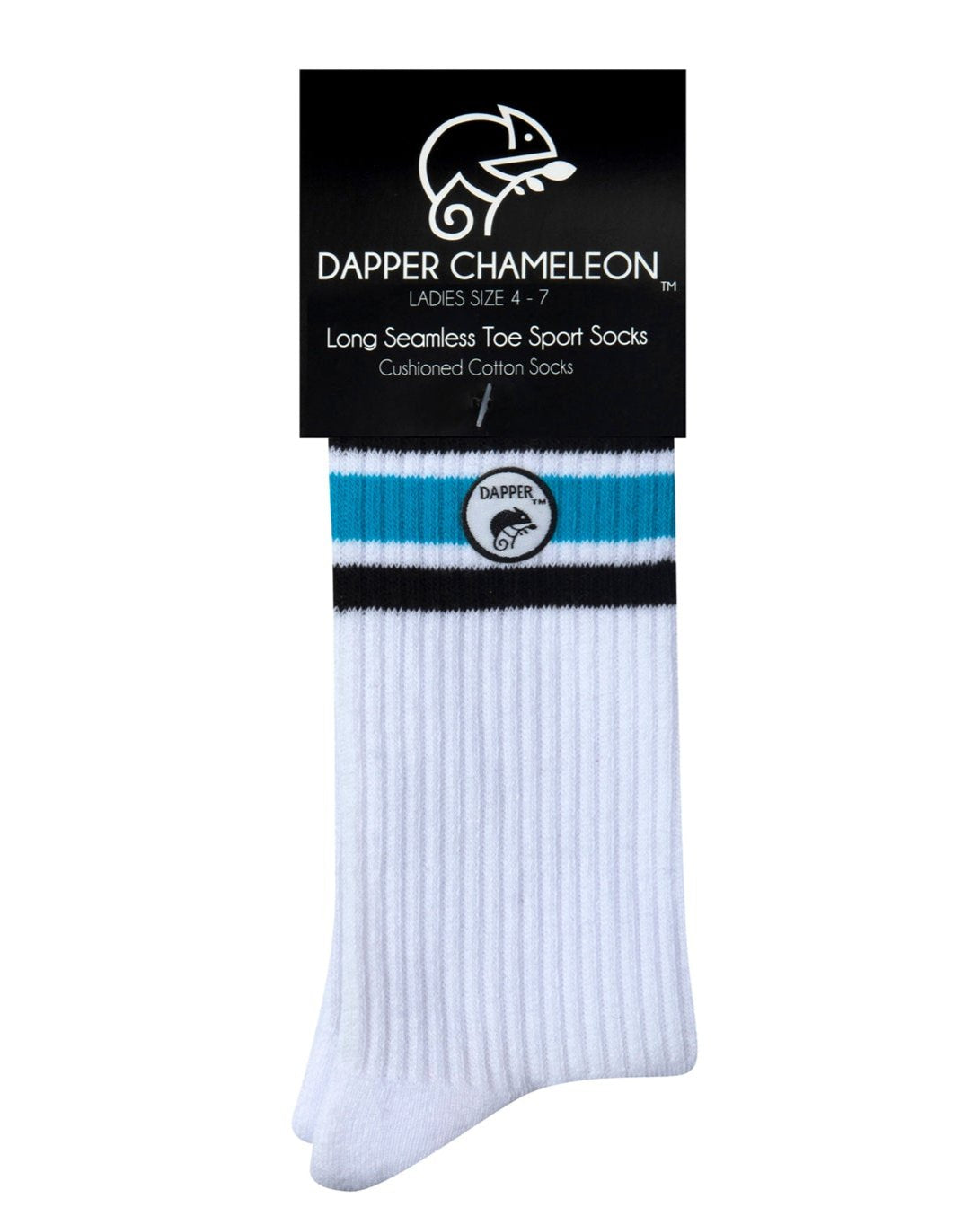 Header card packaging of a long length ribbed white combed cotton seamless toe anklet with black and sky blue stripes with a white heel and toe, cushioned foot and circular gripper around the arch of the foot.