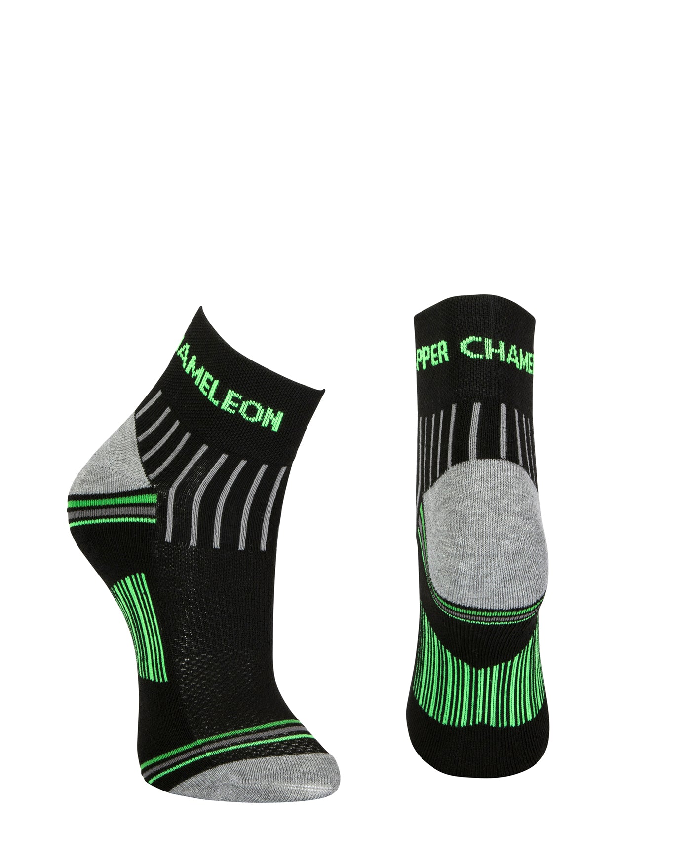 Black quarter length seamless toe sport sock with grey and neon green stripes with a grey cushioned heel and toe.