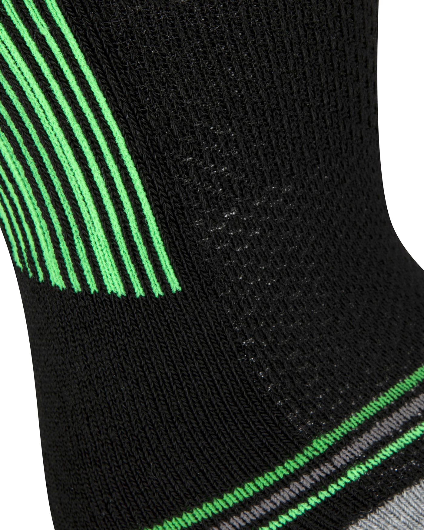 Textured view of the black quarter length seamless toe sport sock with grey and neon green stripes with a grey cushioned toe.