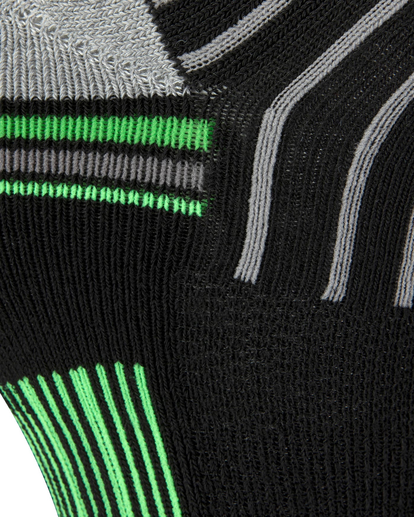 Textured view of the black quarter length seamless toe sport sock with neon green, light and dark grey stripes and neon green stripes under the foot with a light grey cushioned heel.