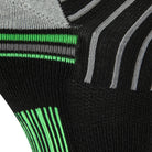 Textured view of the black quarter length seamless toe sport sock with neon green, light and dark grey stripes and neon green stripes under the foot with a light grey cushioned heel.