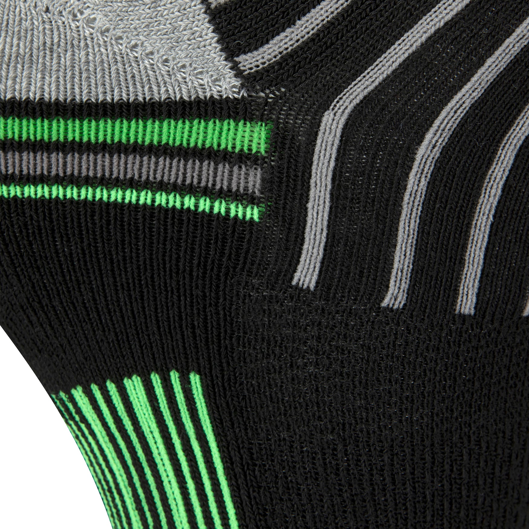 Textured view of the black quarter length seamless toe sport sock with neon green, light and dark grey stripes and neon green stripes under the foot with a light grey cushioned heel.