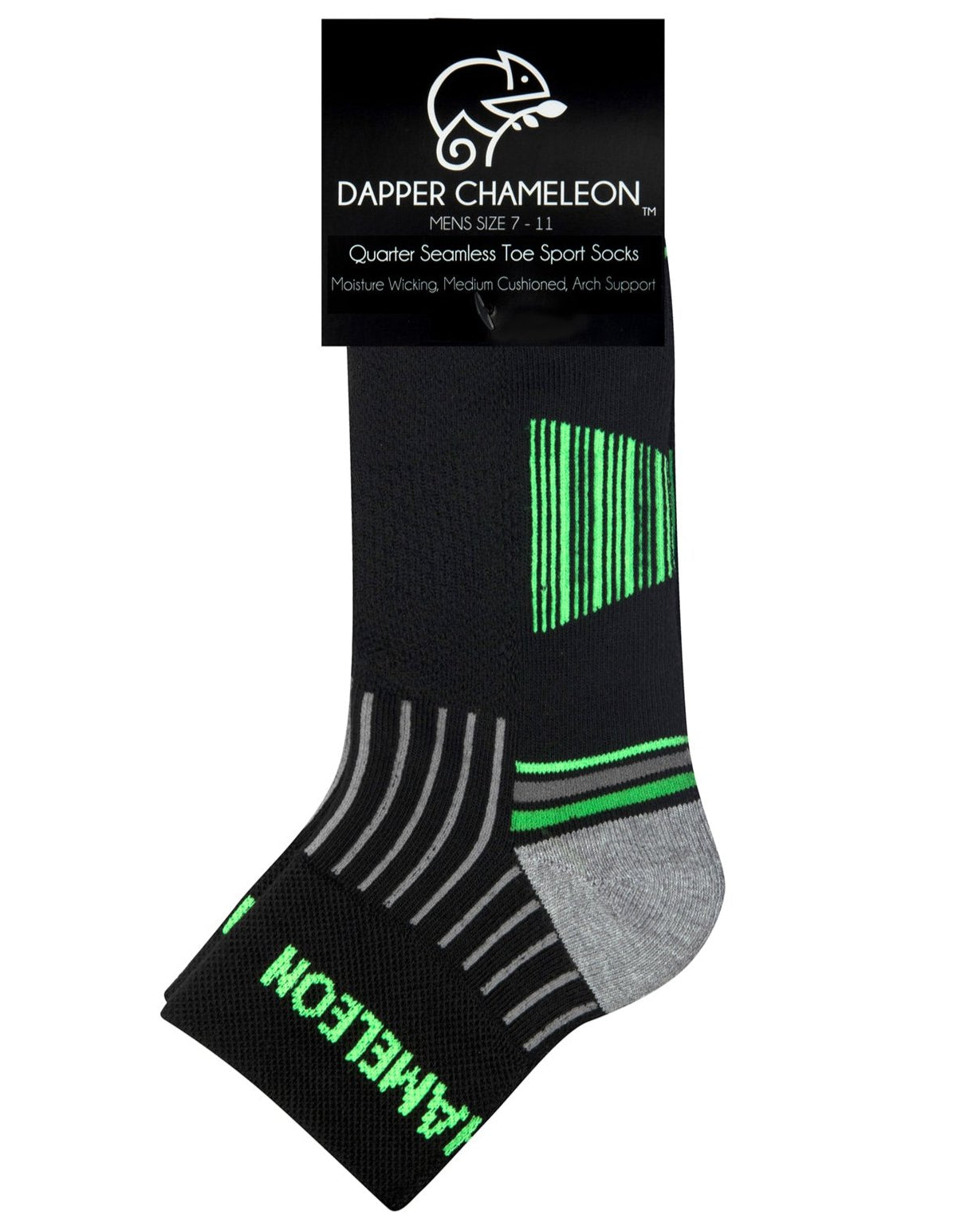 Header card packaging of a black quarter length seamless toe sport sock with grey and neon green stripes with a grey cushioned heel and toe.