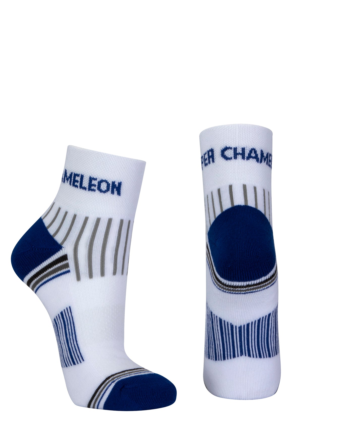 White quarter length seamless toe sport sock with grey and royal blue stripes with a royal blue cushioned heel and toe.