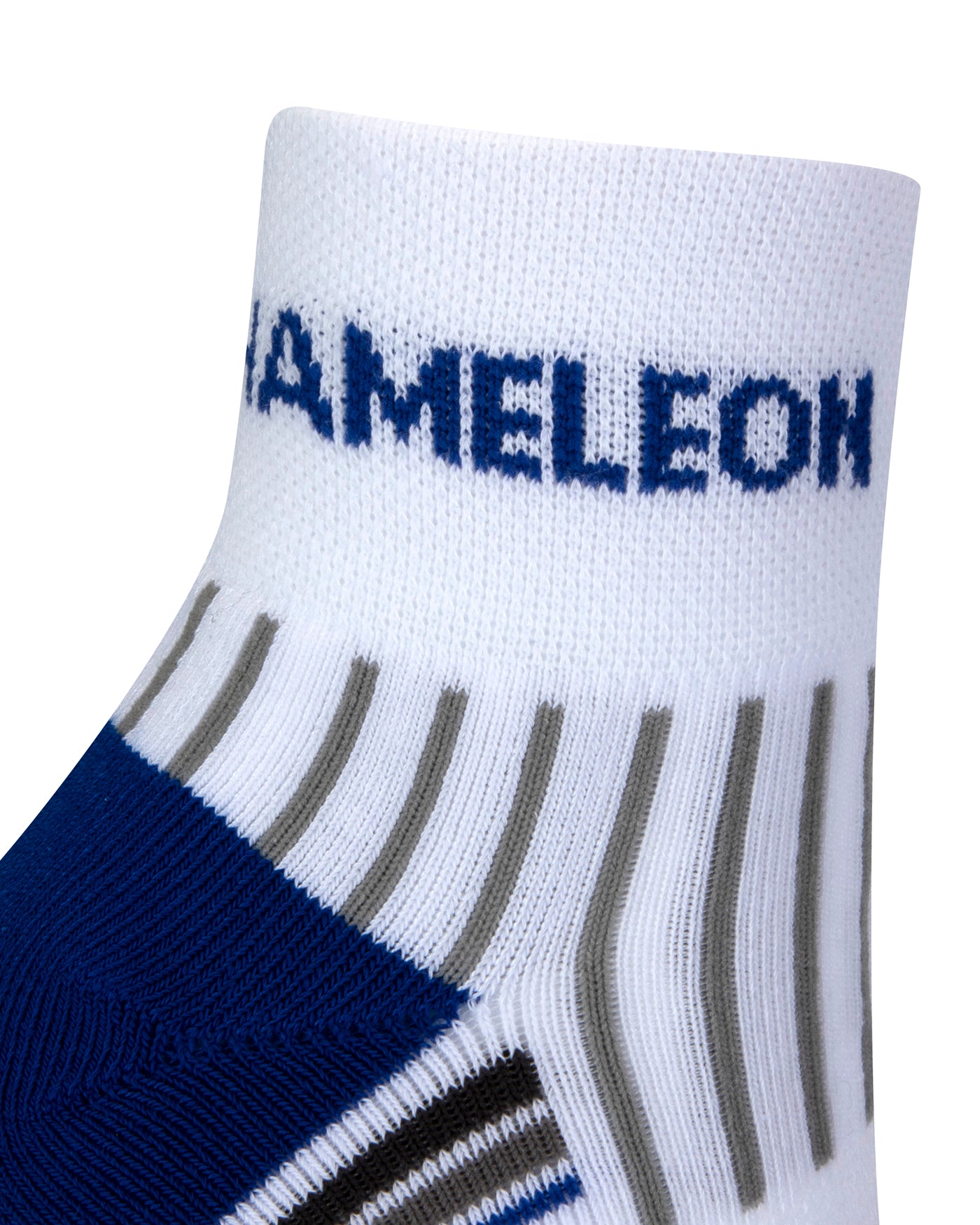 Side view of a white quarter length seamless toe sport sock with grey and royal blue stripes with a royal blue cushioned heel and with royal blue Dapper Chameleon wording on the cuff.