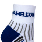Side view of a white quarter length seamless toe sport sock with grey and royal blue stripes with a royal blue cushioned heel and with royal blue Dapper Chameleon wording on the cuff.
