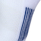 Textured view of the white quarter length seamless toe sport sock with royal blue stripes on the bottom arch of the sock.