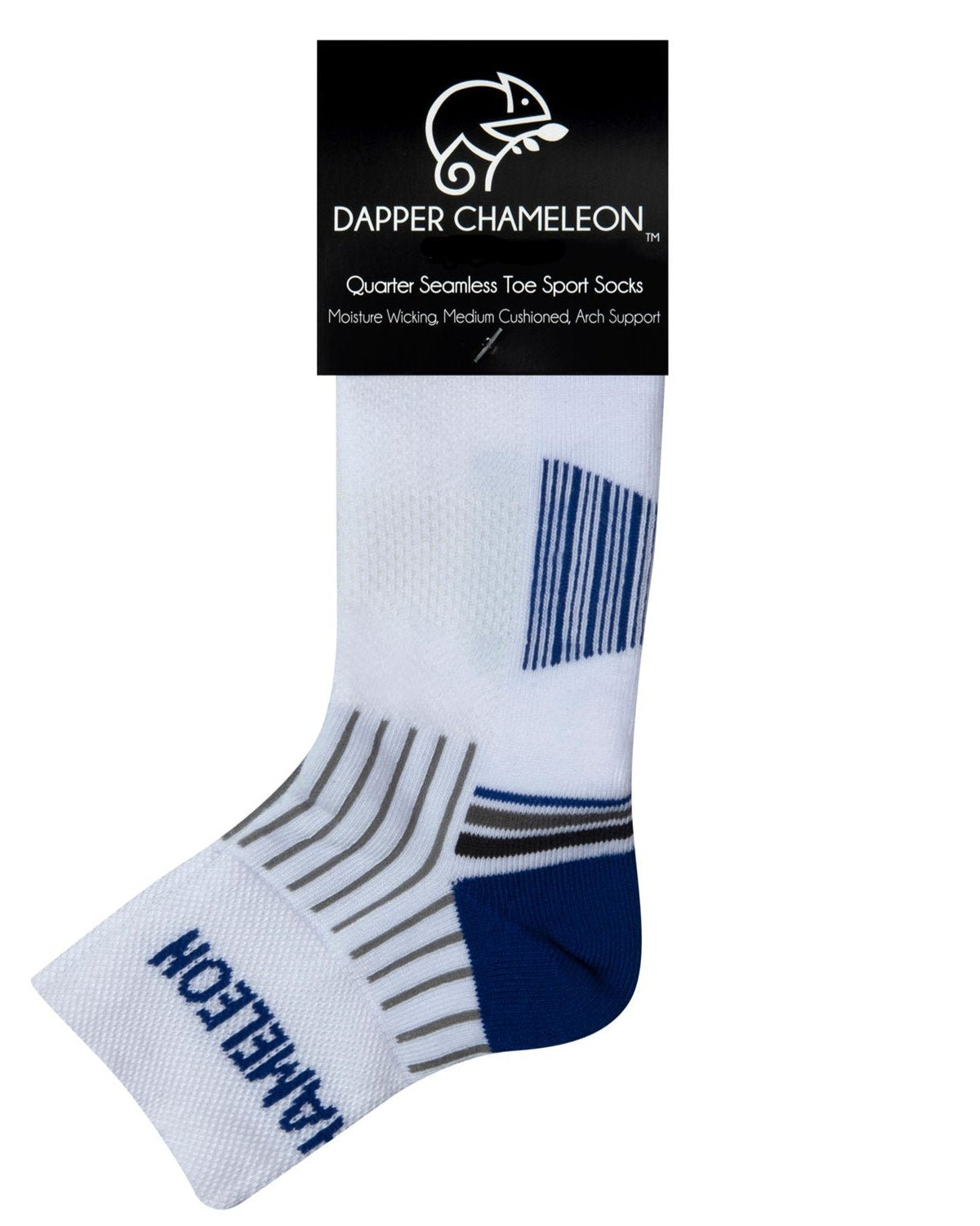 Header card packaging of a white quarter length seamless toe sport sock with grey and royal blue stripes with a royal blue cushioned heel and toe.