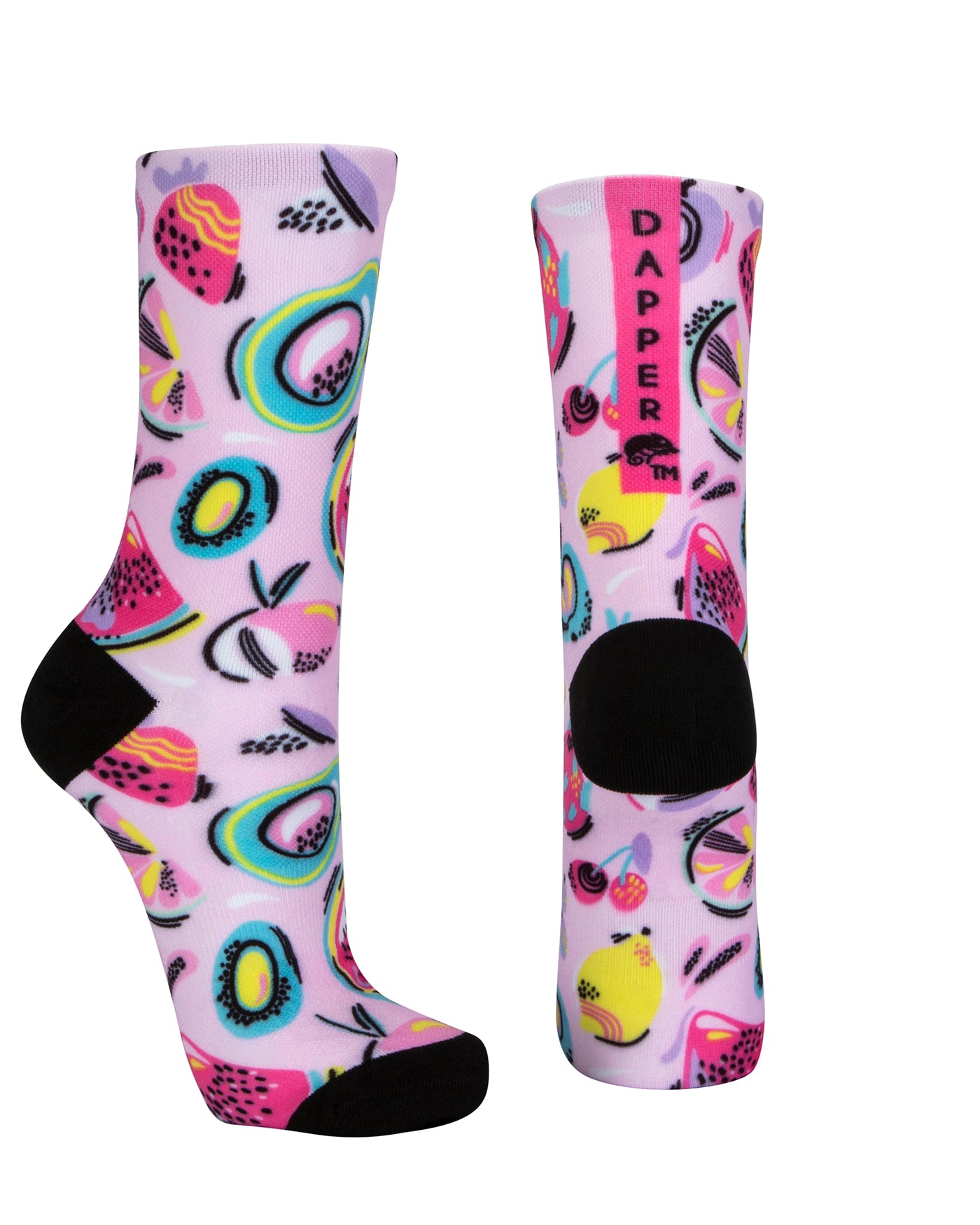 Pink seamless toe sock with multi-colour fruit pop art print design and black heel and toe.
